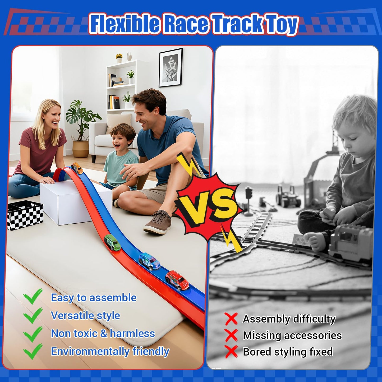 Flexible Race Track for Kids, 16.4FT Flexible Race Track with 2 Strong Screw Suction Cup & 4 Pull-Back Toy Cars, Portable DIY Flexible Racing Track