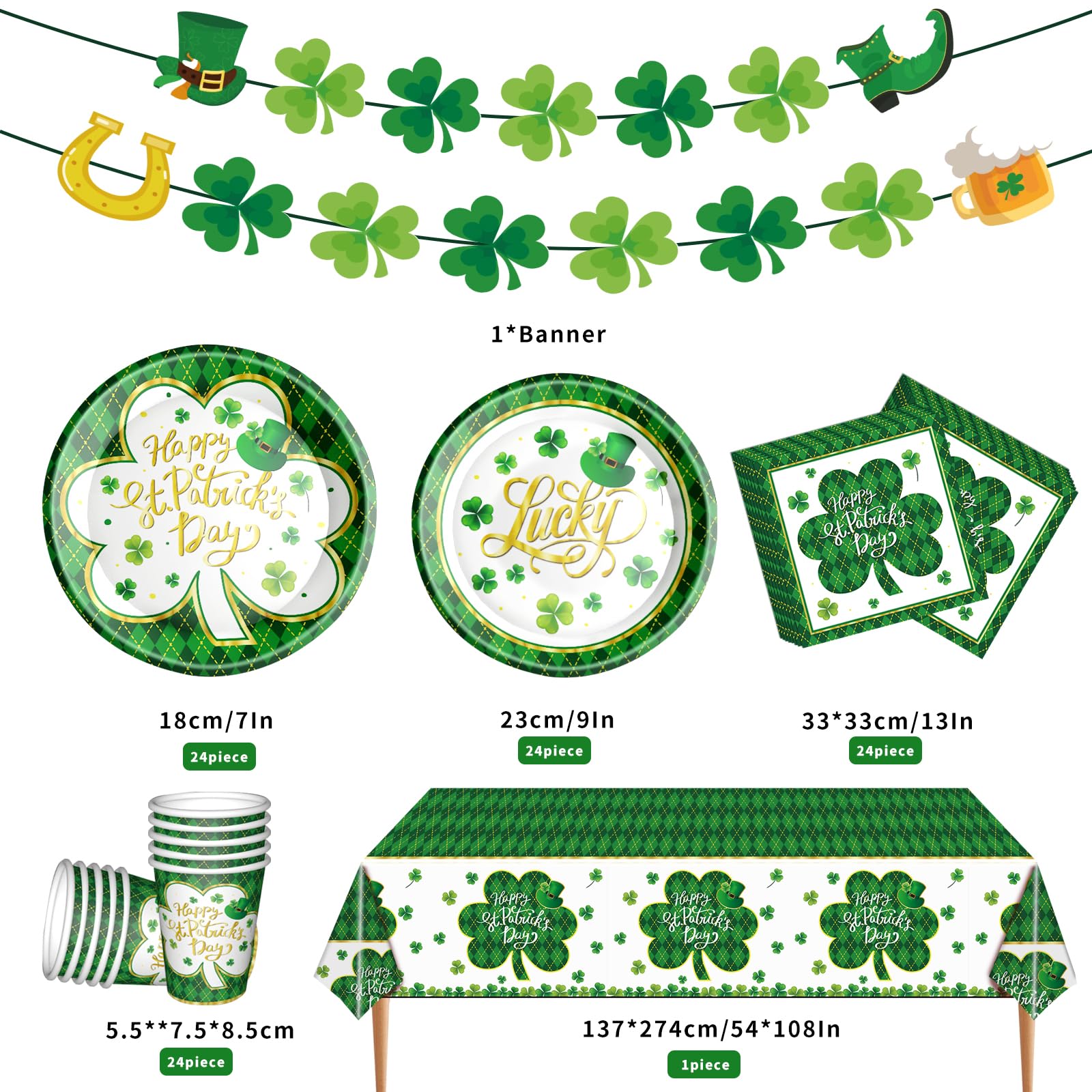 St. Patrick's Day Party Supplies Tableware Set Irish Themed Tableware with Lucky Shamrock Paper Plates Napkins Cups Tablecloth Banner for St