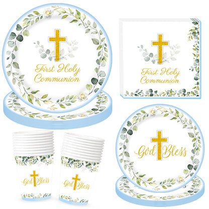 First Communion Decorations,Paper Plates and Napkins Set(Serves 25),Blue First Communion Decorations Mi Primera Comunion Party Decorations Included