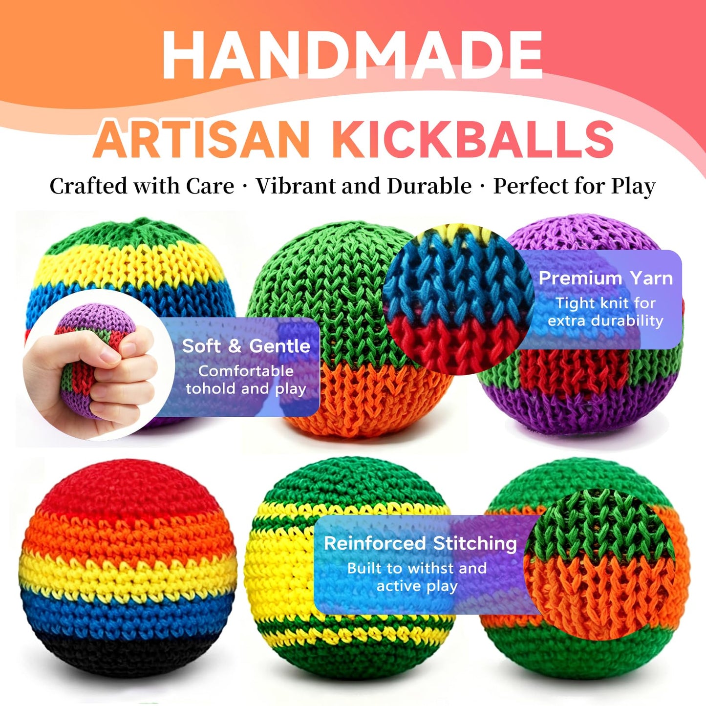 TLM 6PCs Rainbow Knitted Footbags Set - Colorful Crochet Foot Bag Kick Balls for Adults and Beginners, Small Kick Sack for Juggling Practice, Indoor