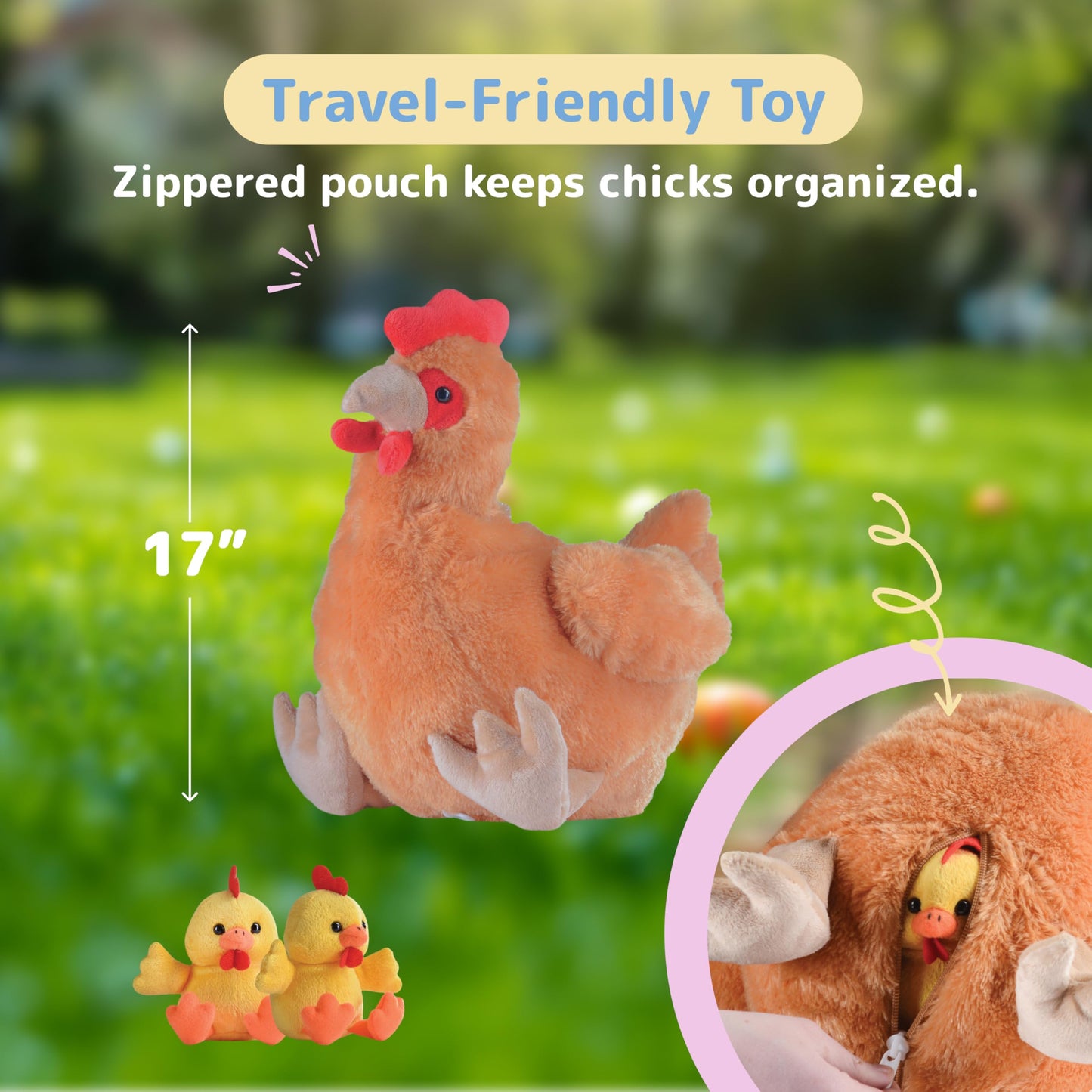 PREXTEX Hen Toy with Two Plastic Easter Eggs and Cute Baby Chicks Inside - Big Mommy Hen Plush with Chicks Zippered in Eggs - Adorable Chicken