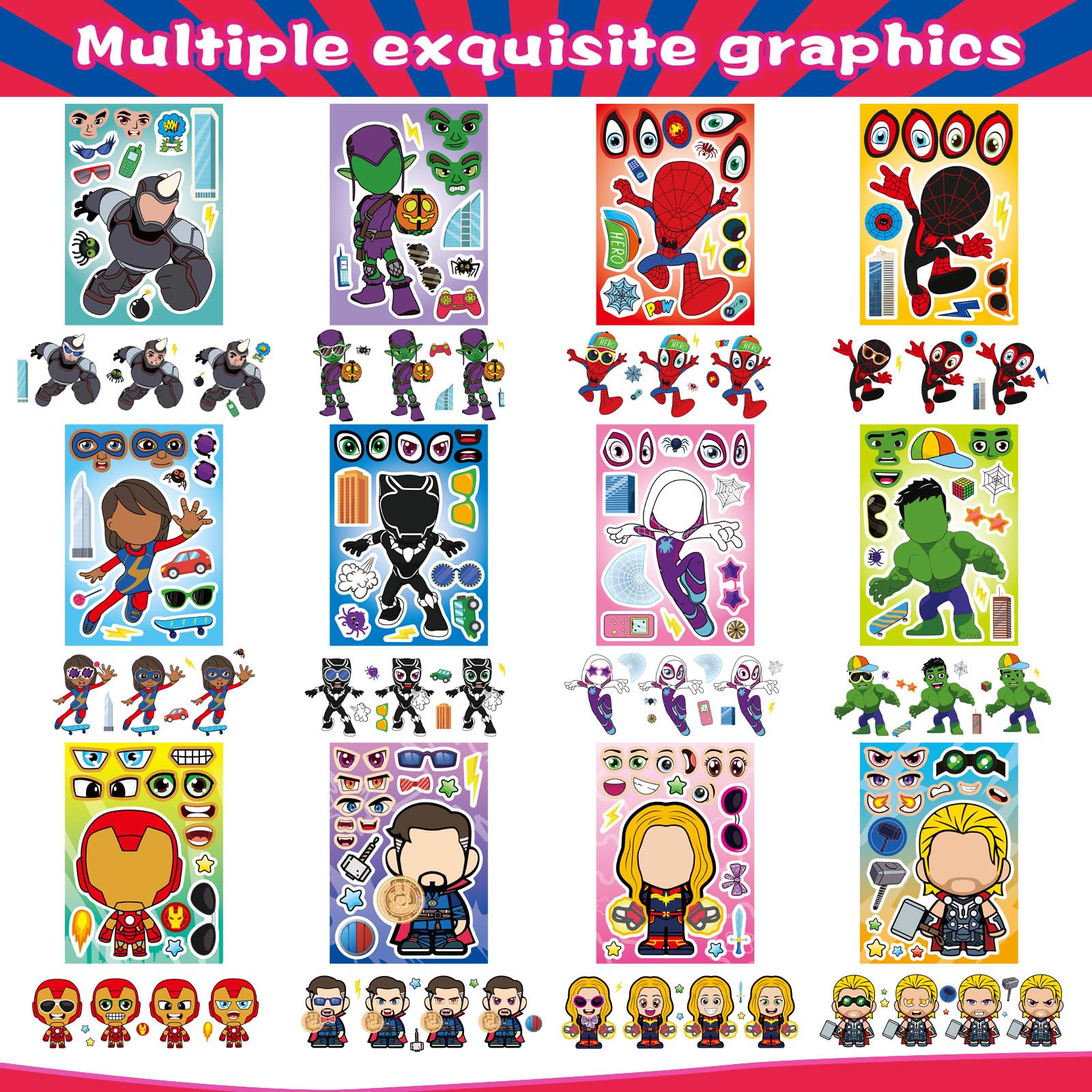 36 Sheets Cute Superhero Stickers for Teen Make Your Own Movie Sticker Make a Face Stickers for Teens Girls Boys, Classroom Rewards Movies Themed Art