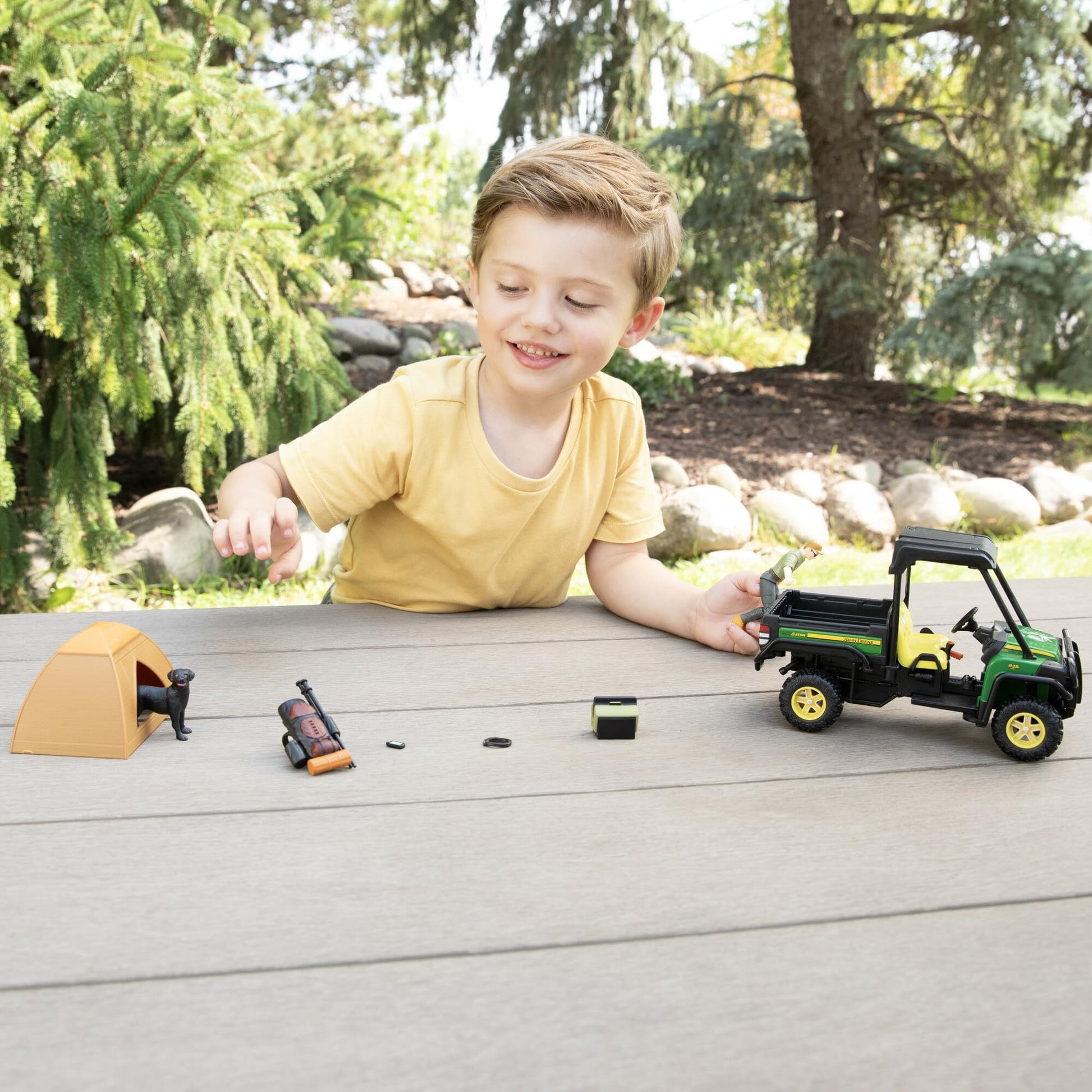 TOMY Big Farm Outdoor Adventure Toy Playset- 1:16 Scale - Includes John Deere Gator RSX 860i, Camping Accessories, and Two Toy Figures - John Deere