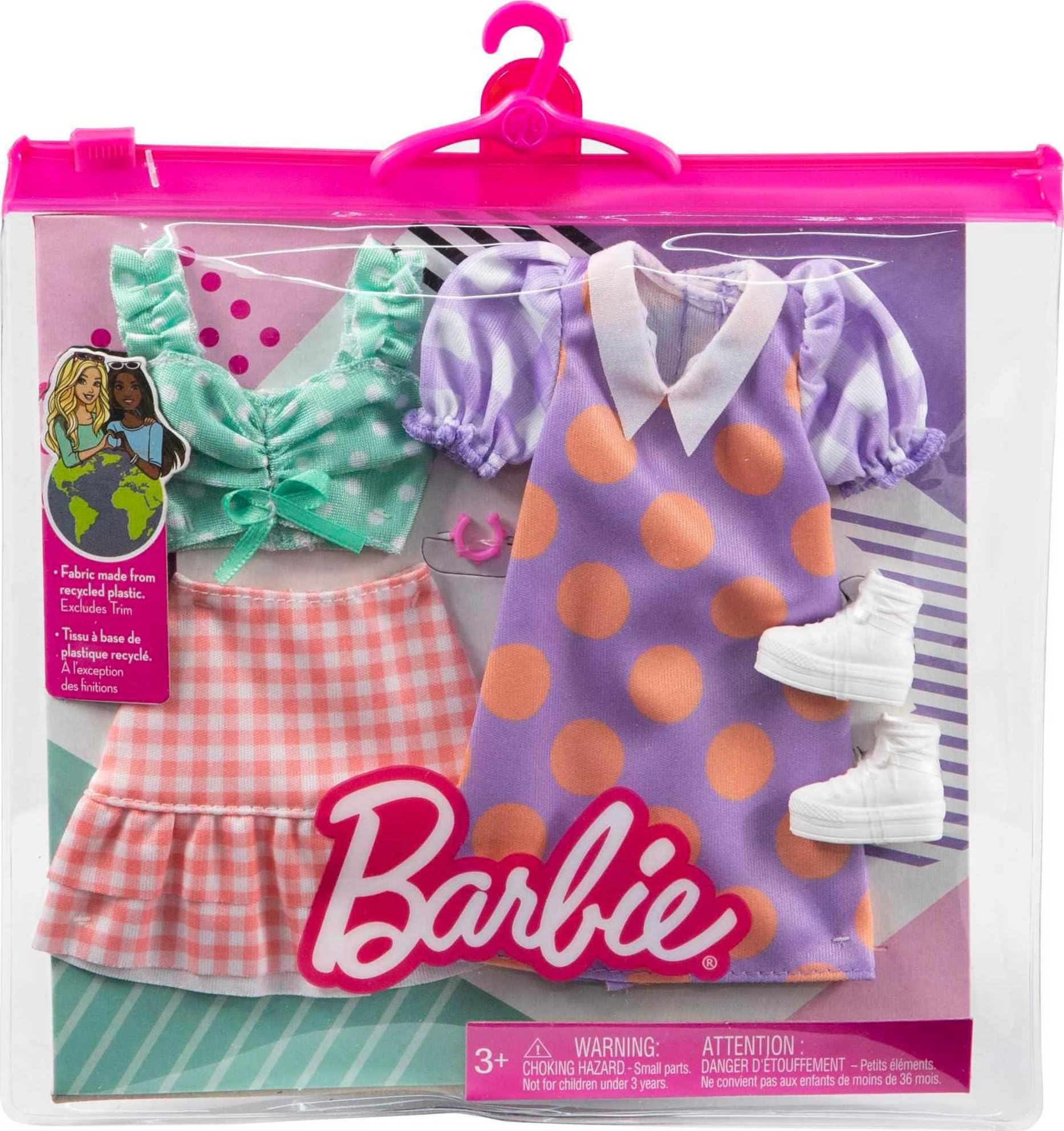 Barbie Fashions 2-Pack Clothing Set, 2 Outfits Doll Include Polka Dot Blouse & Gingham Skirt, Polka Dot Dress & 2 Accessories