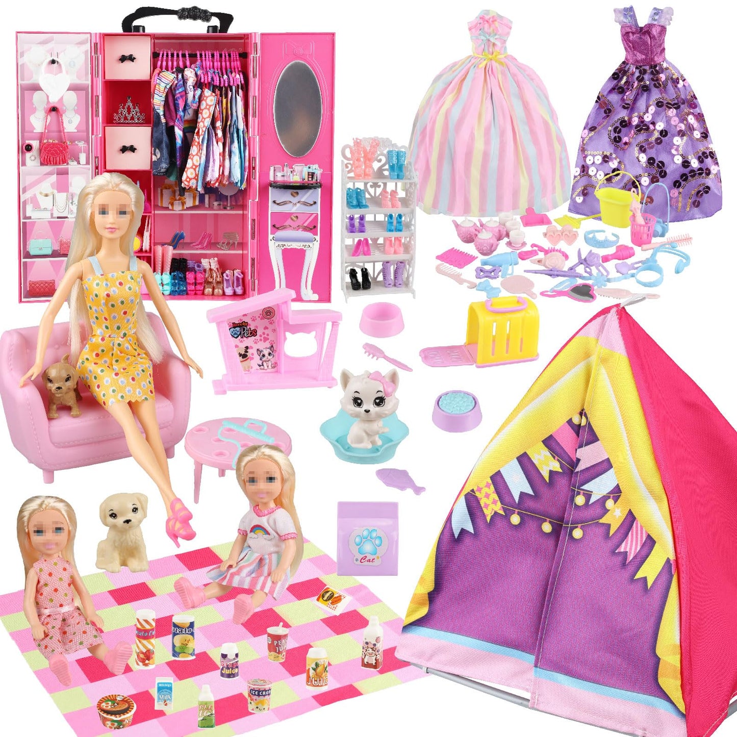 ZHENYETAI 184 Piece Doll Wardrobe&Toy Folding Wardrobe - Includes Folding Wardrobe+Tent+Dog and Cat Pet House with Rich Accessories for Easy Storage