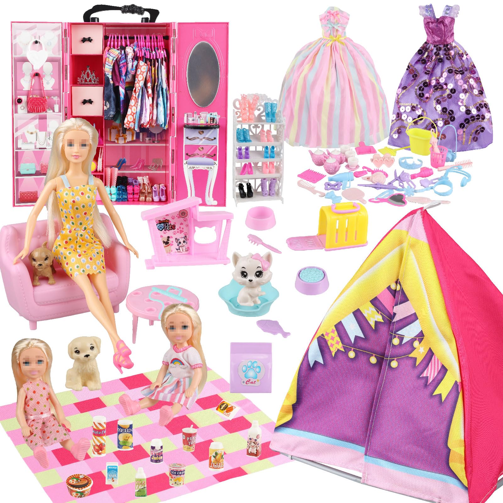 ZHENYETAI 184 Piece Doll Wardrobe&Toy Folding Wardrobe - Includes Folding Wardrobe+Tent+Dog and Cat Pet House with Rich Accessories for Easy Storage