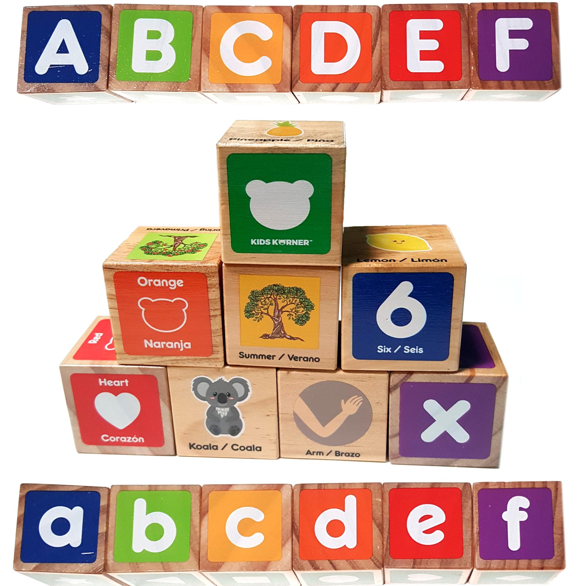 KIDS KORNER Alphabet Blocks Toys for Toddlers - Bilingual Educational Toys, Spanish Learning Toys, Stacking Toys with 30 Wooden Blocks and Toddler