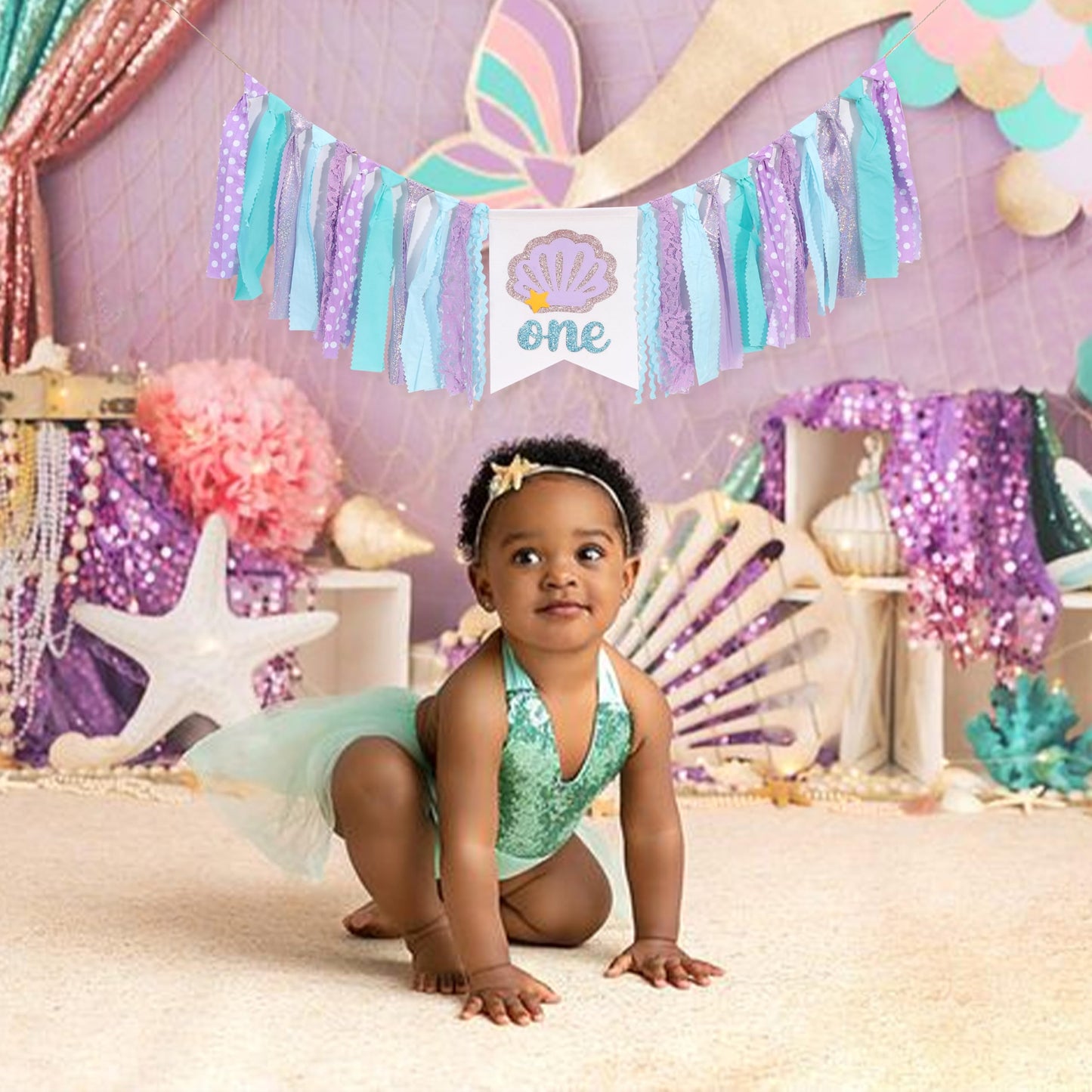 Mermaid One Year High Chair Banner - Under The Sea 1st Birthday Party Decorations, First Party Banner, Ocean Themed Highchair Garland, Under The Sea