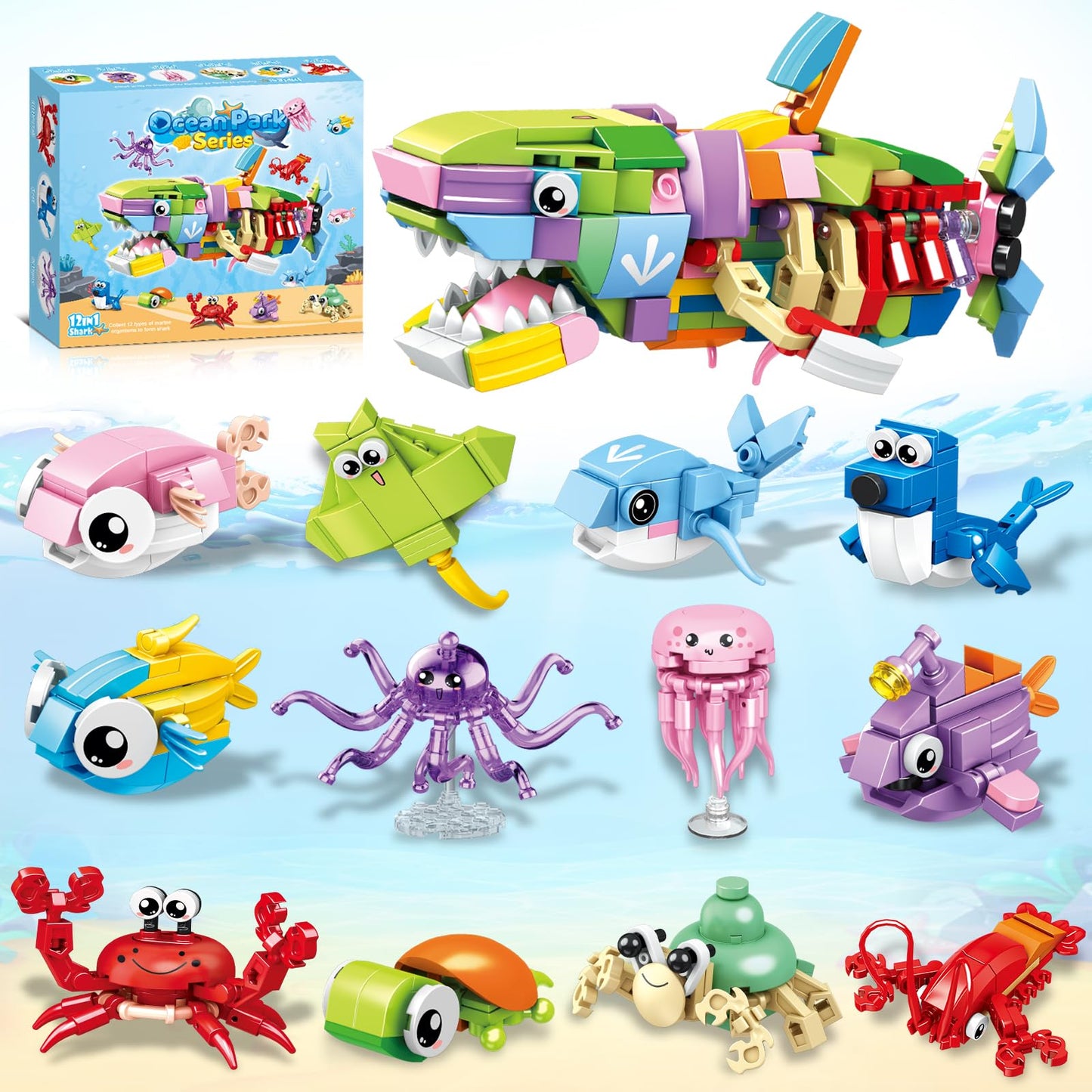 HIGH GODO 12 Pack Party Favors Building Set, 12 in 1 Shark Marine Animals Building Blocks Toy for Goodie Bag Stuffers Party Gifts, Easter Birthday