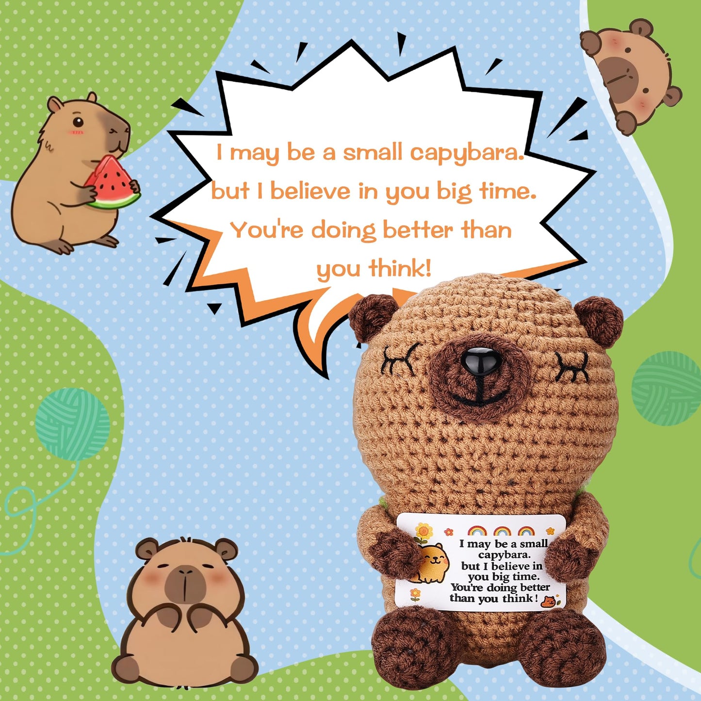 Fungi Fun Crochet Capybara Plush with Turtle - Emotional Plush with Motivational Card, Cute Capybara Crochet Doll Decor, Fun Gift for Women