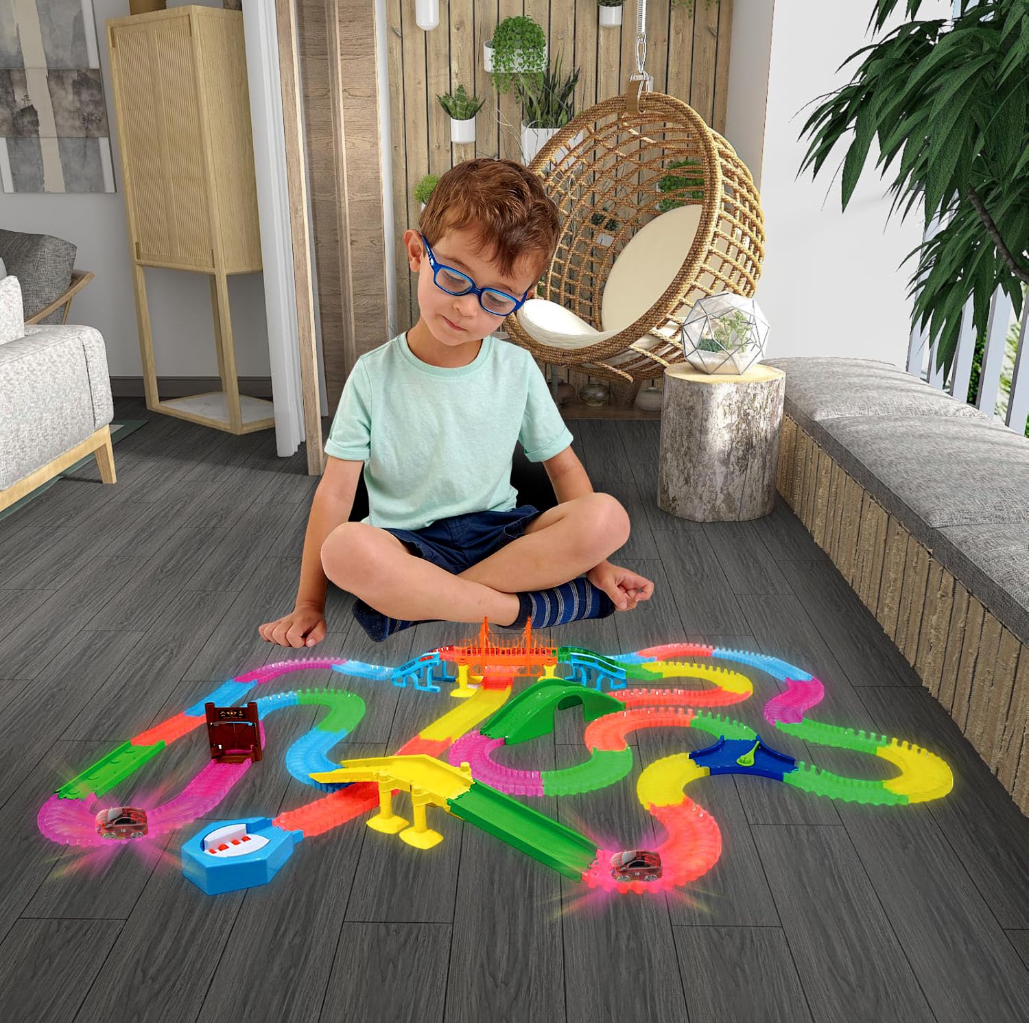 Mindscope Twister Tracks Mega Set Neon Glow in The Dark Flexible Track System with 547 Pieces Over 25 Feet of Track & Accessories