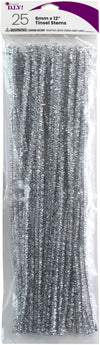 Cousin DIY Silver Tinsel Stem, 6mm x 12 inch, 25 Pack