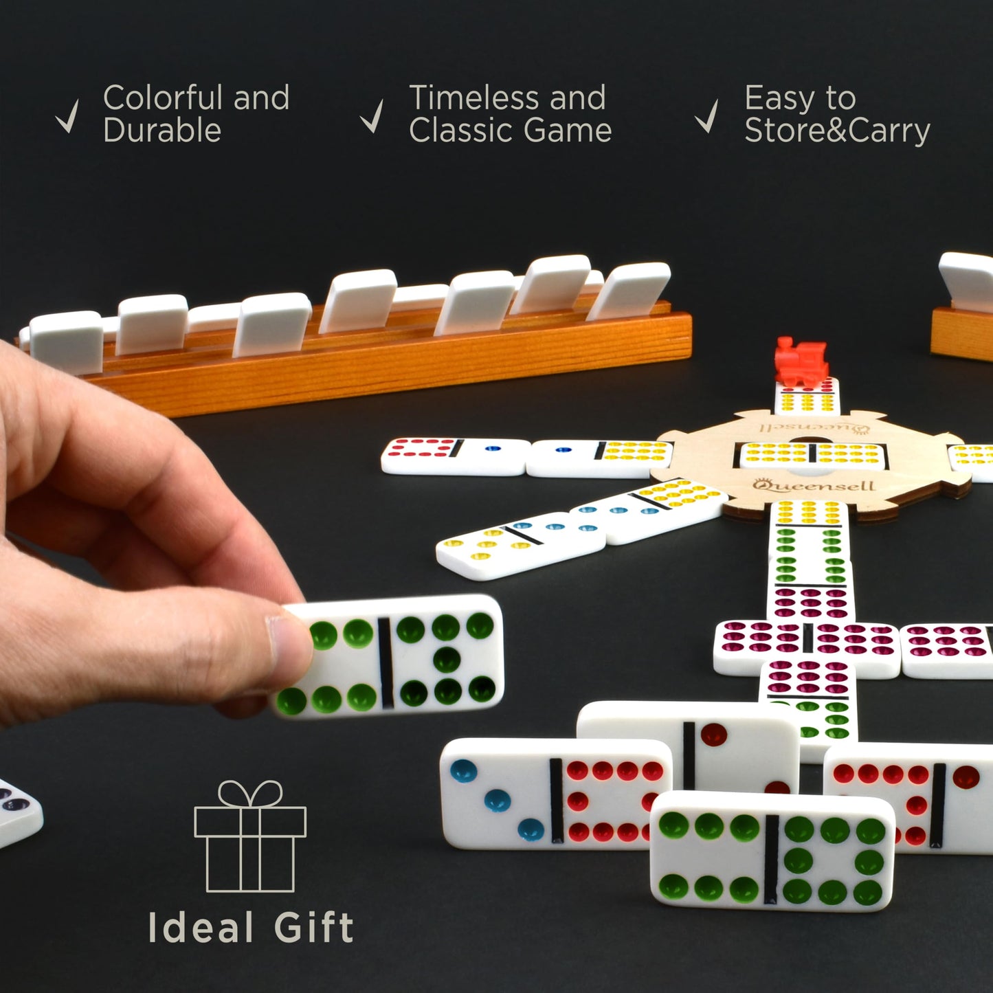 Queensell Mexican Train Dominoes Set with Wooden Hub, Domino Tile Board Games - Double 12 Dominos Set for Family Game Night for Adults and Kids Ages 8