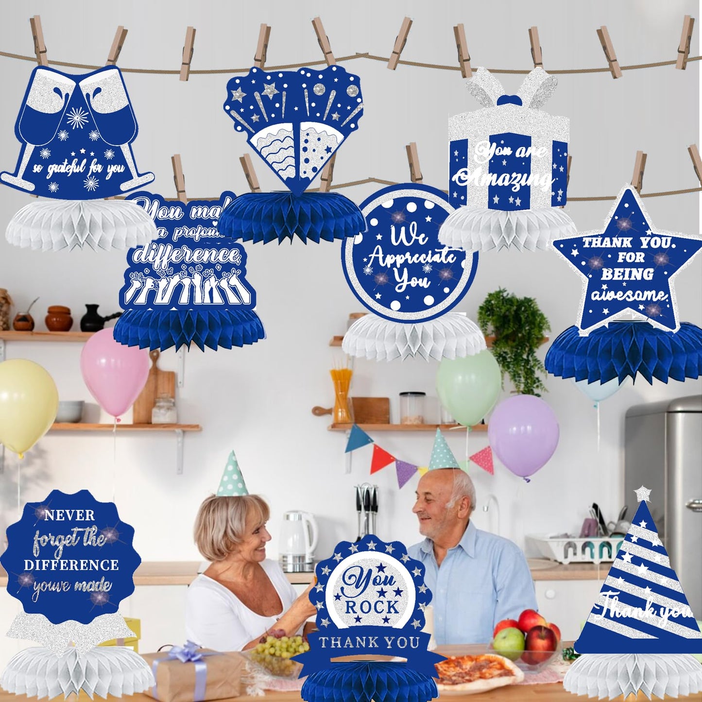 9PCS We Appreciate You Honeycomb Centerpieces Blue Silver Glitter Thank You Table Centerpieces Table Topper Decor Teacher Doctor Nurse Employee Staff
