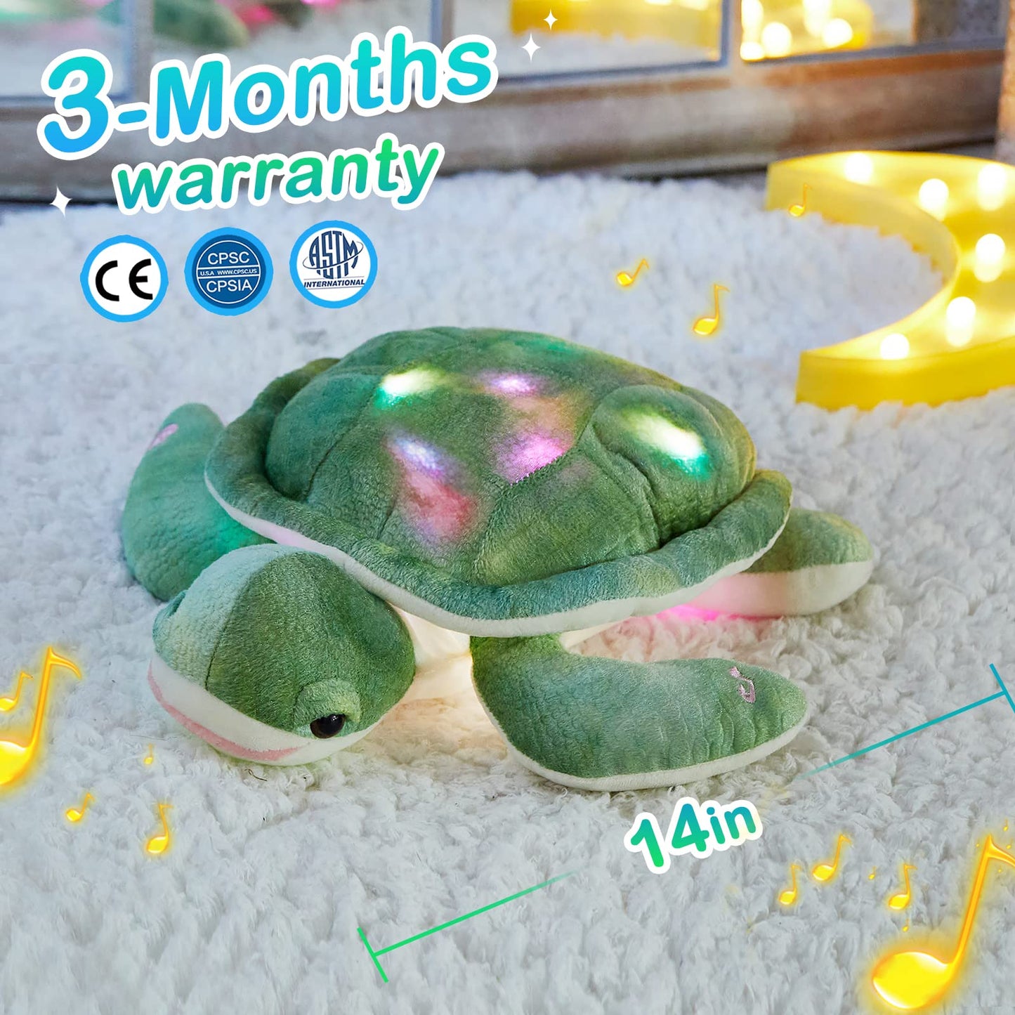 Glow Guards 14'' Light up Musical Sea Turtle Stuffed Animal Ocean Life Soft Plush Toy Pillow with Lullabies LED Night Lights Singing Children's Day