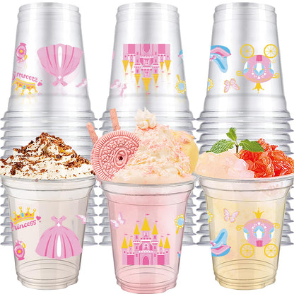VDESFUEBY 40Pcs Pink Princess Castle Disposable Plastic Cups 12oz Pink Party Cups Disposable Transparent Princess for Princes Themed Birthday Party
