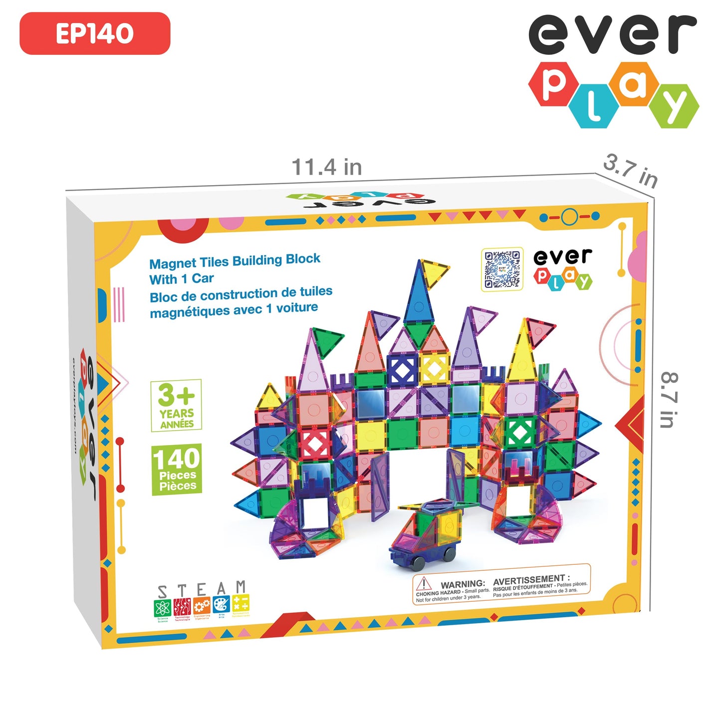 Everplay 140 pc Castle Rocket Magnetic Tiles with Car Set Building Block Toys STEM Educational Learning Magnet Toy Preschool Montessori Boys & Girls