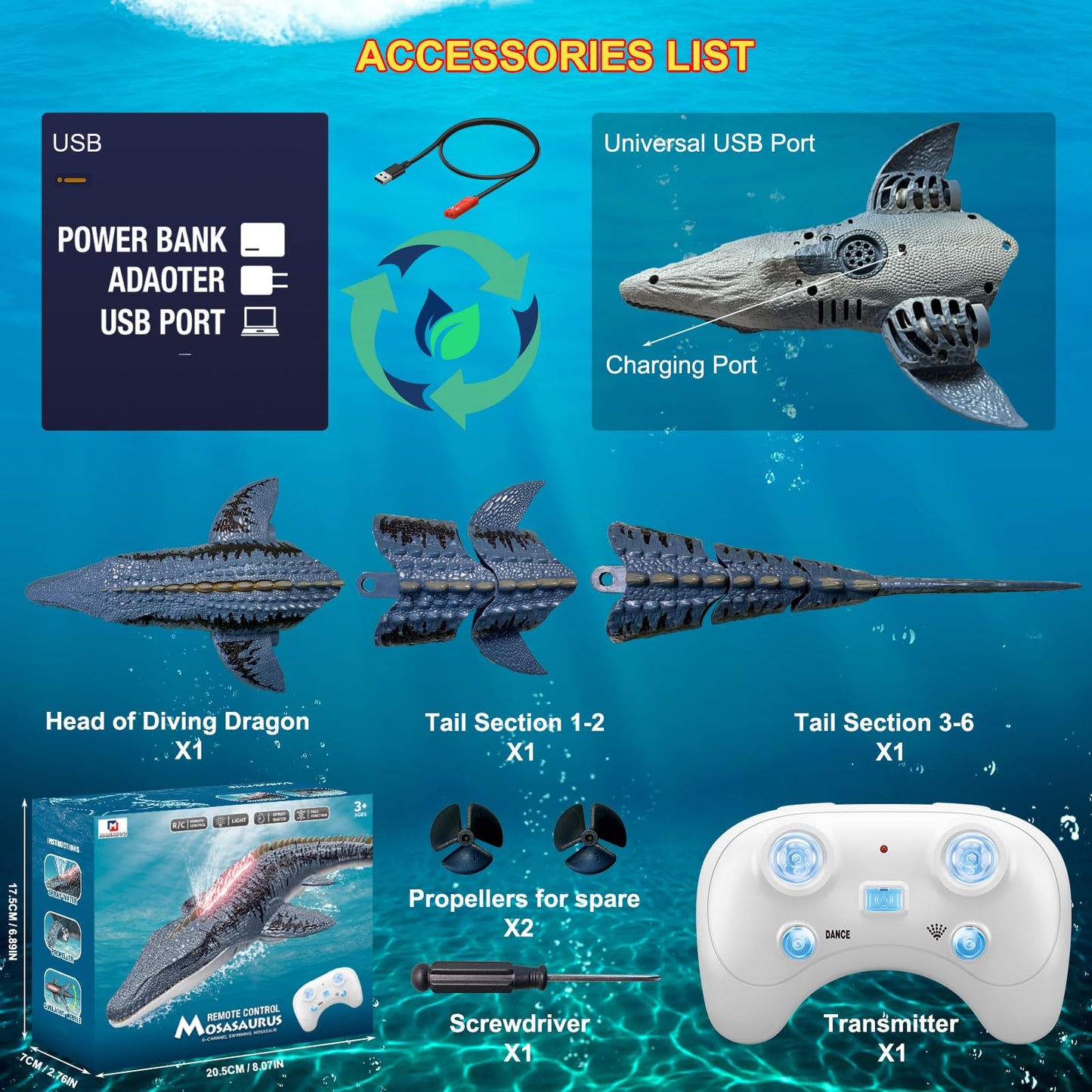 MAMABOO Remote Control Mosasaurus Dinosaur Toys for Boys Kids Swimming Pool High Simulation Toys, Electric RC Sea Monster with Light & Spray Water