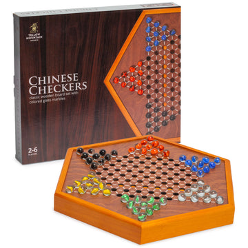 Yellow Mountain Imports Wooden Chinese Checkers Halma Board Game Set - 15.7 x 13.6 Inches - with Drawers and Glass Marbles