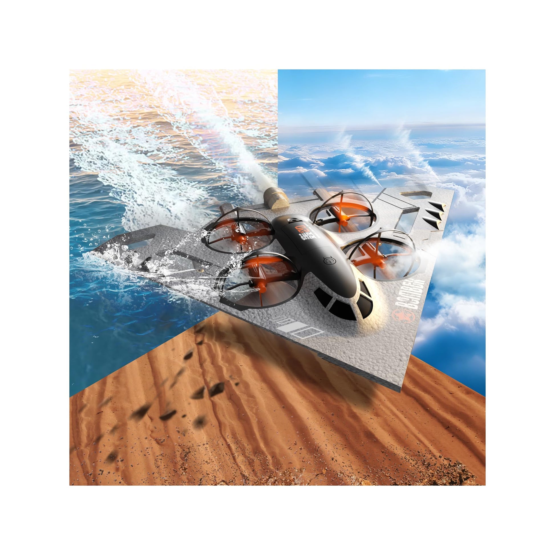 Virellia 3-in-1 RC Drone for Land Sea Air, H20 Remote Control Bomber RC Airplane with Cool Lights, 360° Flip, 3 Driving Mode and Collision Protection