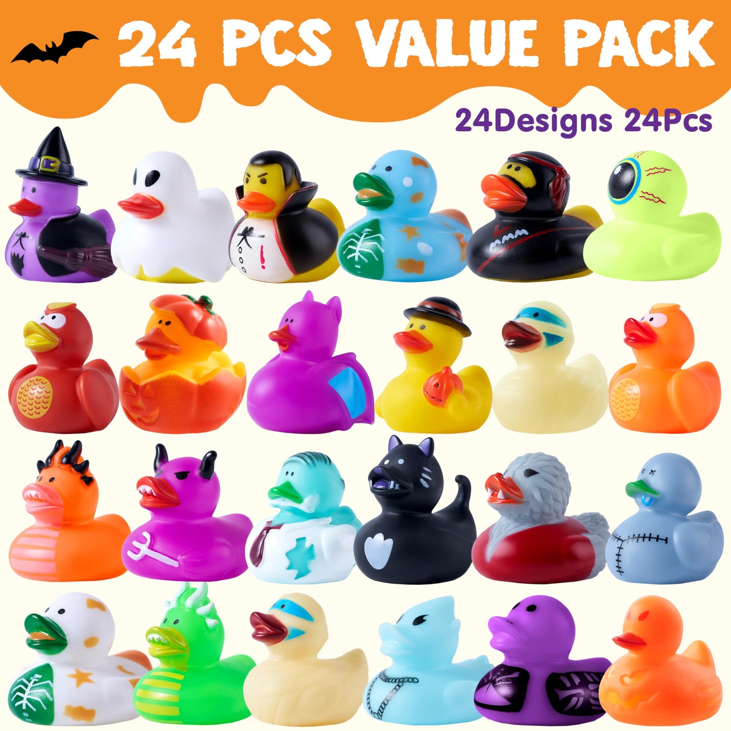 JOYIN 24 PCS Halloween Rubber Ducks, Halloween Ducks Toys for Trick or Treating Goodie Bag Fillers, Bathtub Toys Duckies for Halloween Party Favors