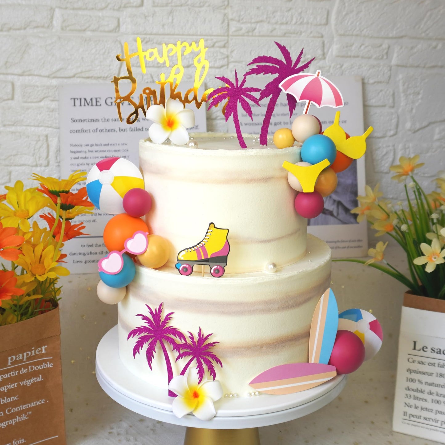 Summer Hawaiian Cake Topper with Beach Ball Sun Umbrella Goggles Beach Cake Decorations for Summer Holiday Theme Birthday Supplies (Surfboard)