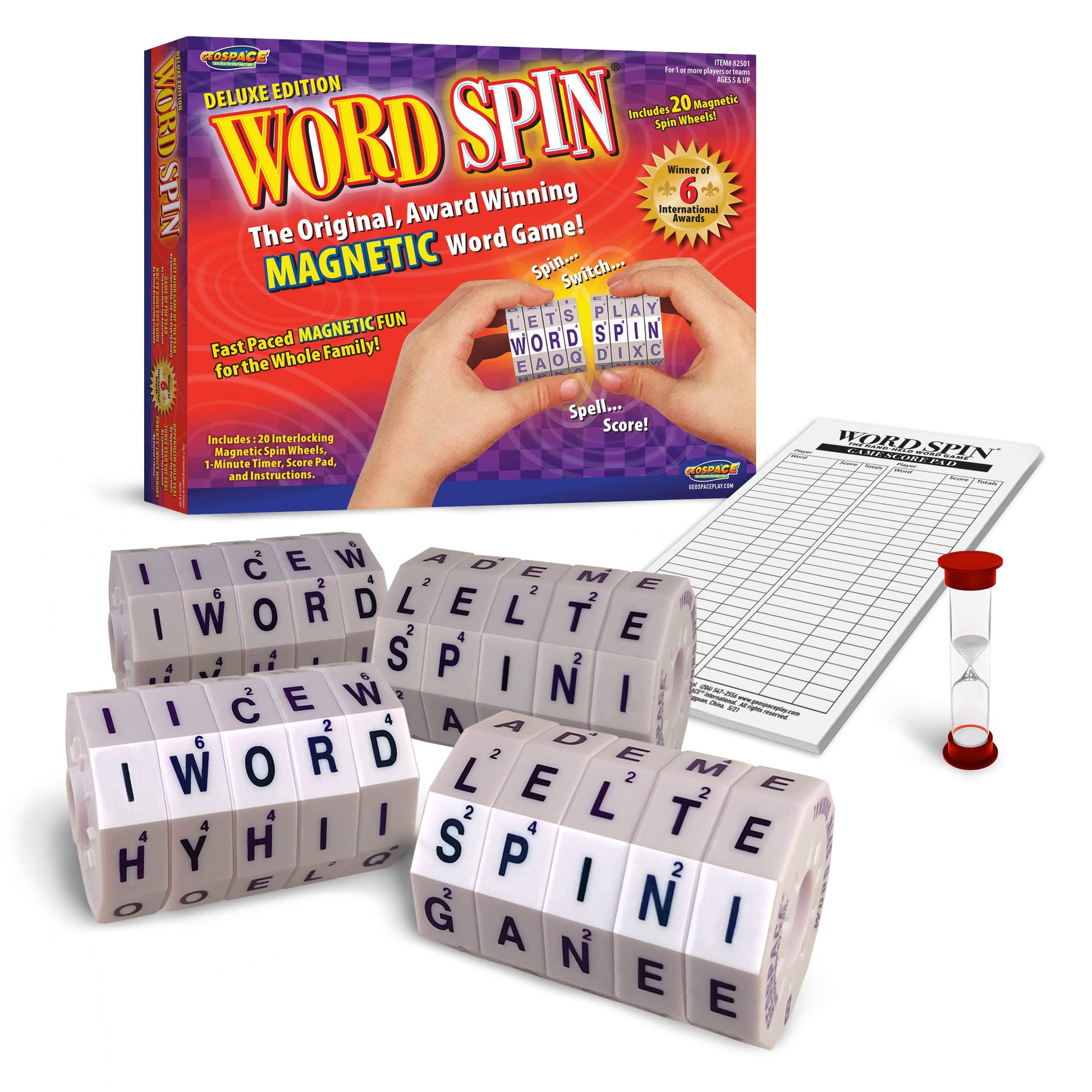 Geospace Word Spin Deluxe Family Edition for Adults & Kids - The Award Winning Magnetic Word Game with 20 Magnetic Spin Wheels, Timer & Score Pad
