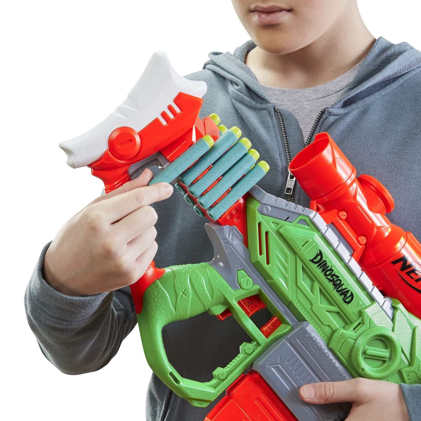 Nerf DinoSquad Rex-Rampage Motorized Dart Blaster, 10-Dart Clip, 20 Official Darts, 10-Dart Storage- T-Rex Dinosaur Design, Red