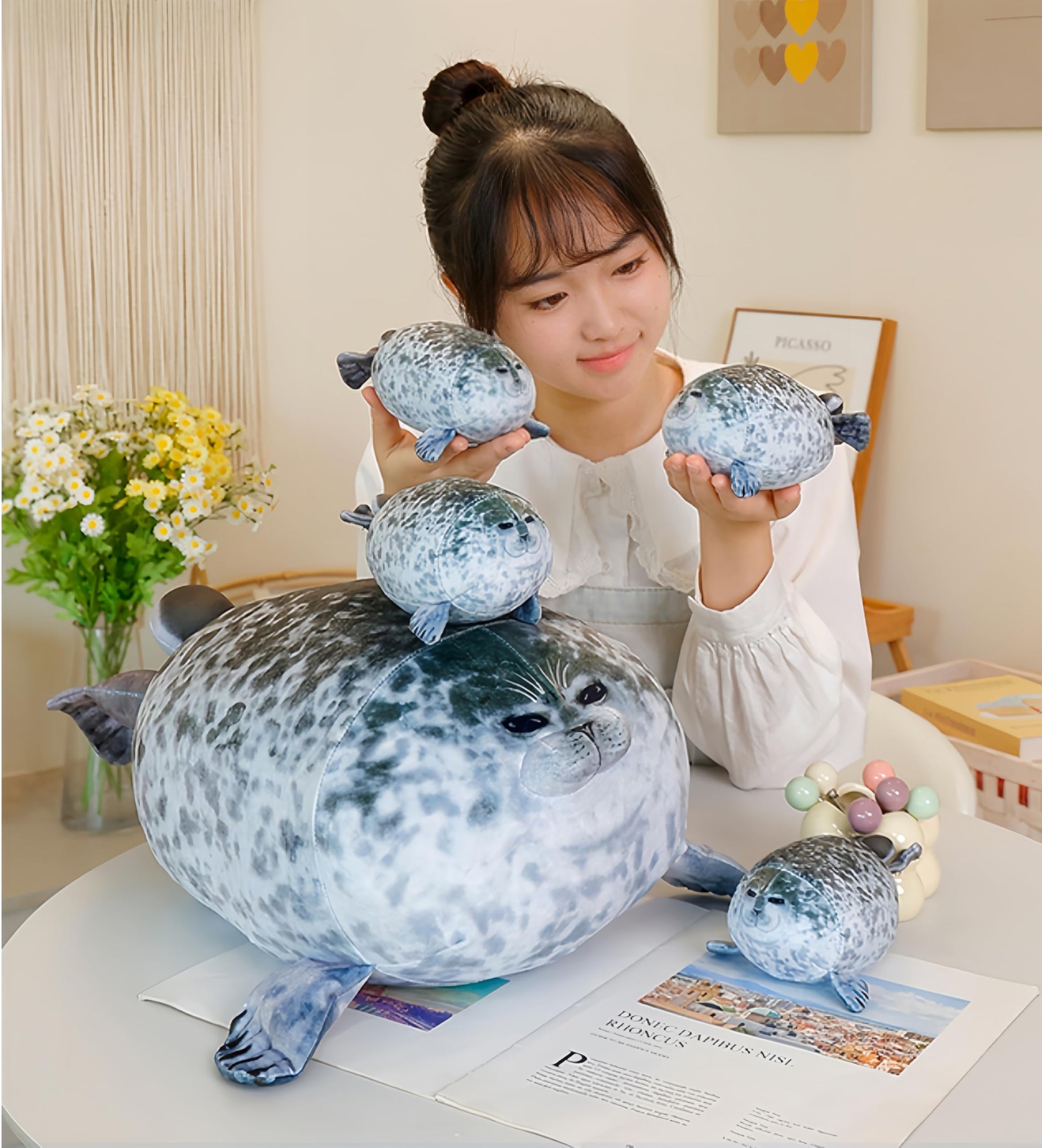 19.6Inch Chubby Blob Seal Pillow CuteSeal Plush with 4 Baby Seal Plushies in Her Tummy Soft Stuffed Cotton Plush Animal Toy Gift for Kids