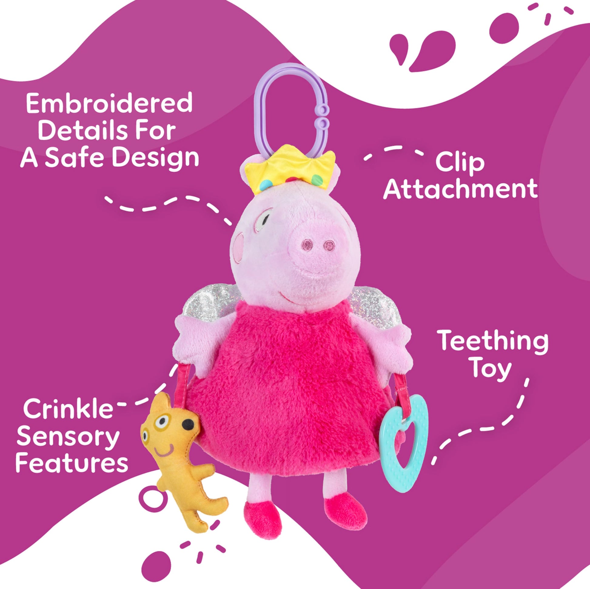 Kids Preferred Peppa Pig Activity Toy - 8.5 Inches, Fairy Wings, Heart Teether, On-The-Go Clip, Sensory Toy, Rattle, Crinkle, Ages 0 Months Up