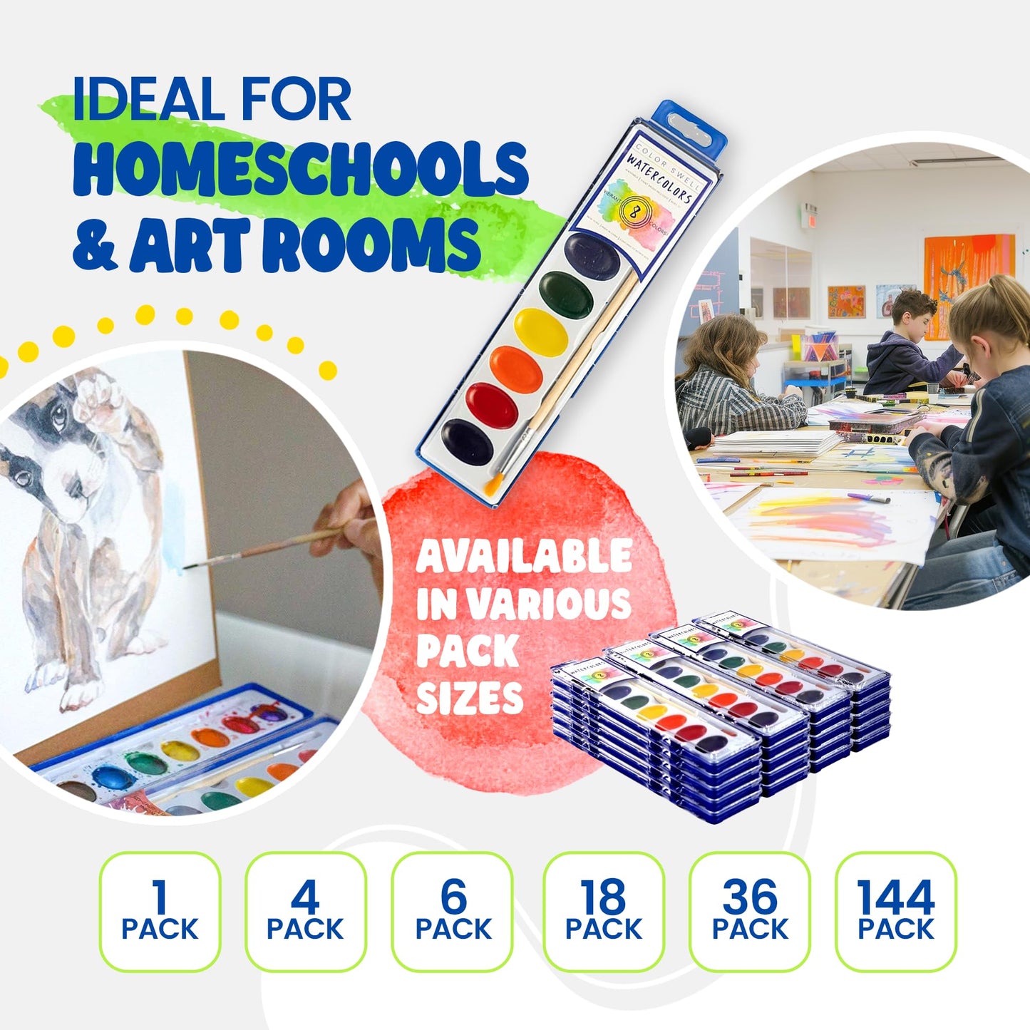 Color Swell Bulk Watercolors Paint Pack with Wood Brushes - 36 Sets with 8 Washable Colors Each - Perfect for Kids, Classrooms, Parties, Students