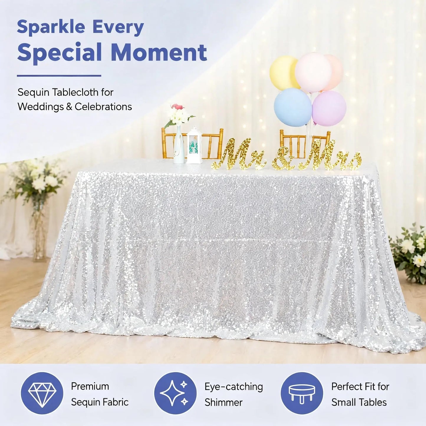 ShiDianYi Silver Sequin Tablecloth 50x72, Sparkly Glitter for Wedding Party