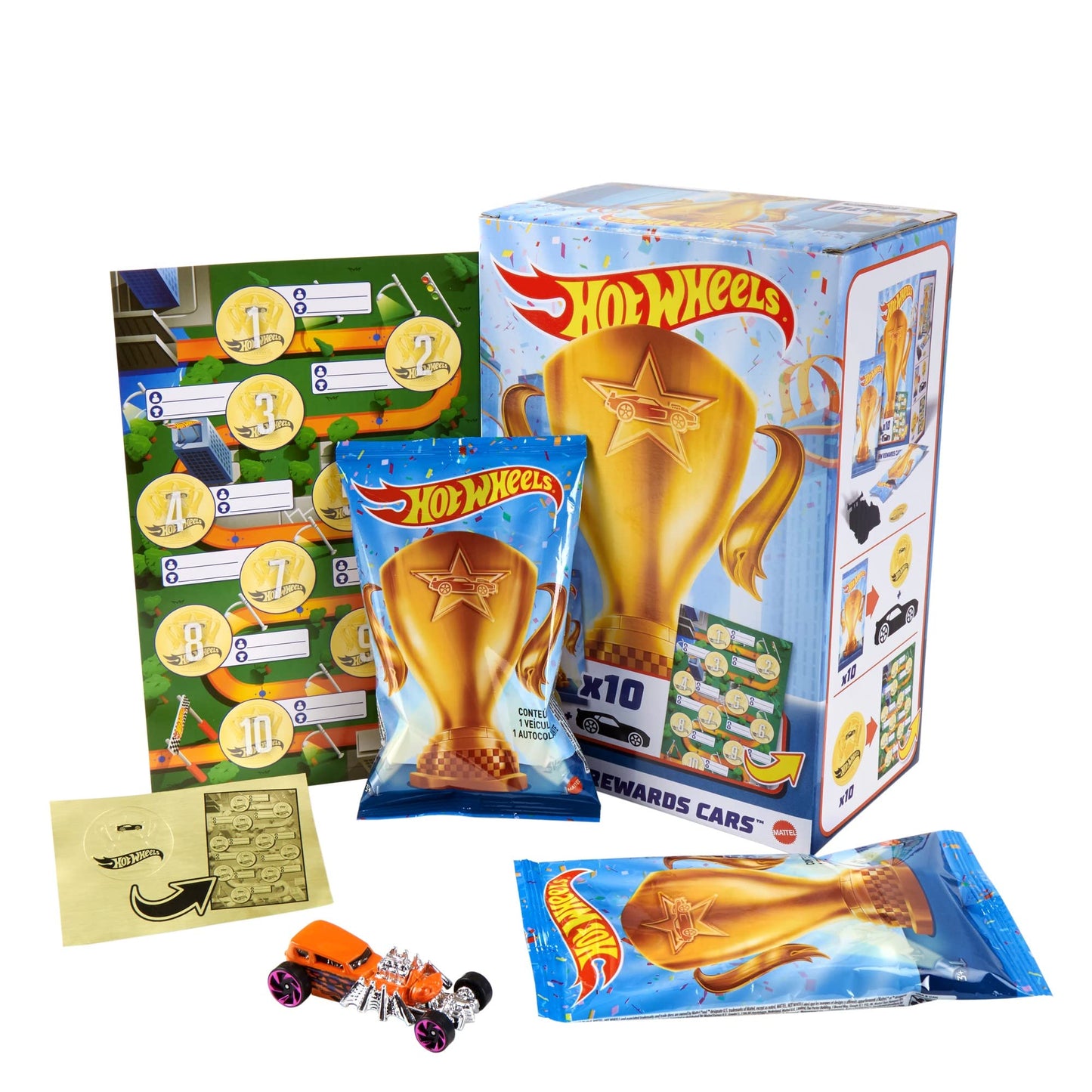 Hot Wheels Rewards Car Pack of 10 Individually Wrapped 1:64 Scale Die-Cast Vehicles in Opaque Bags with Gold Stickers, Rewards or Prizes for Kids 3