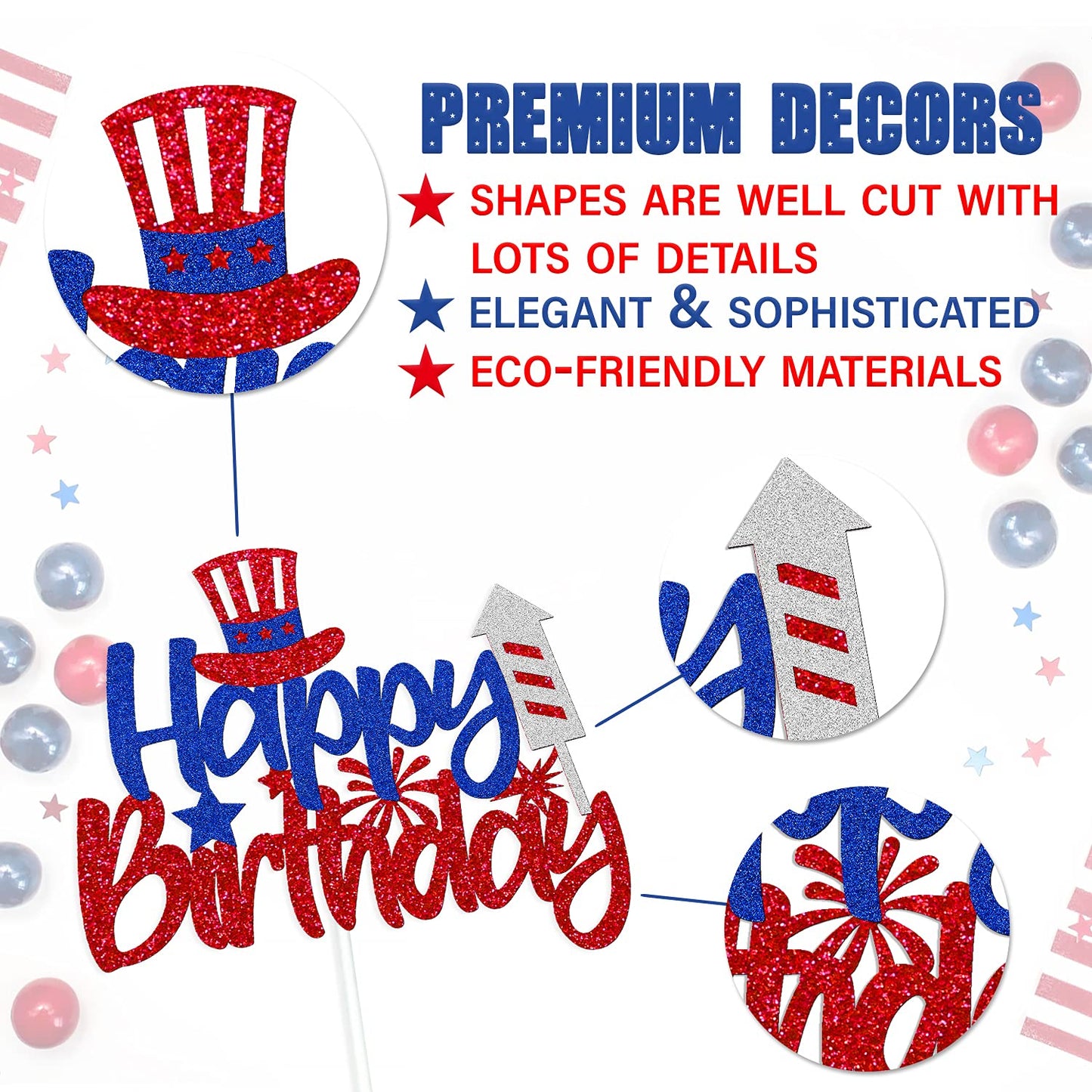 Levvcirki Independence Day Cake Topper Happy Birthday Cake Decoration for Boys Girls Red and Blue Glitter USA Patriotic Cake Decorations for Happy 4th