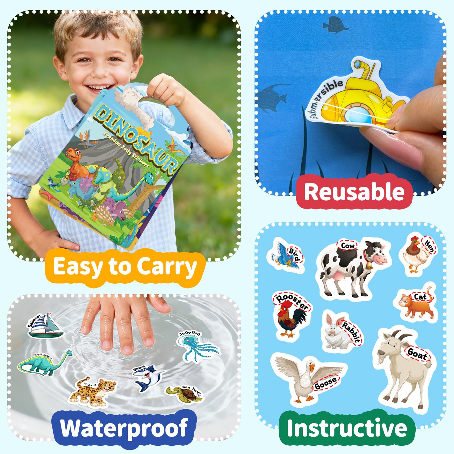 CREATIVETREES 6 Sets Reusable Sticker Book for Toddlers 3-6, Jelly Sticker Books for Toddler, Travel Sticker Activity Toys for Kids 3 4 5 6 Years Old