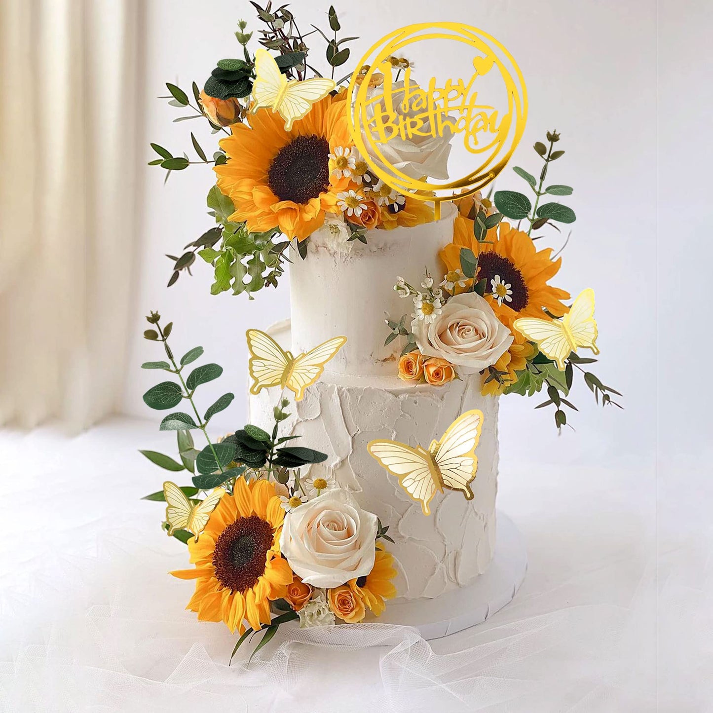 DRWATE Sunflower Cake Topper, 28 Pcs Multicolor Acrylic, Silk - Baby Shower, Wedding Decorations, Butterfly, Eucalyptus, Rose, Happy Birthday Topper