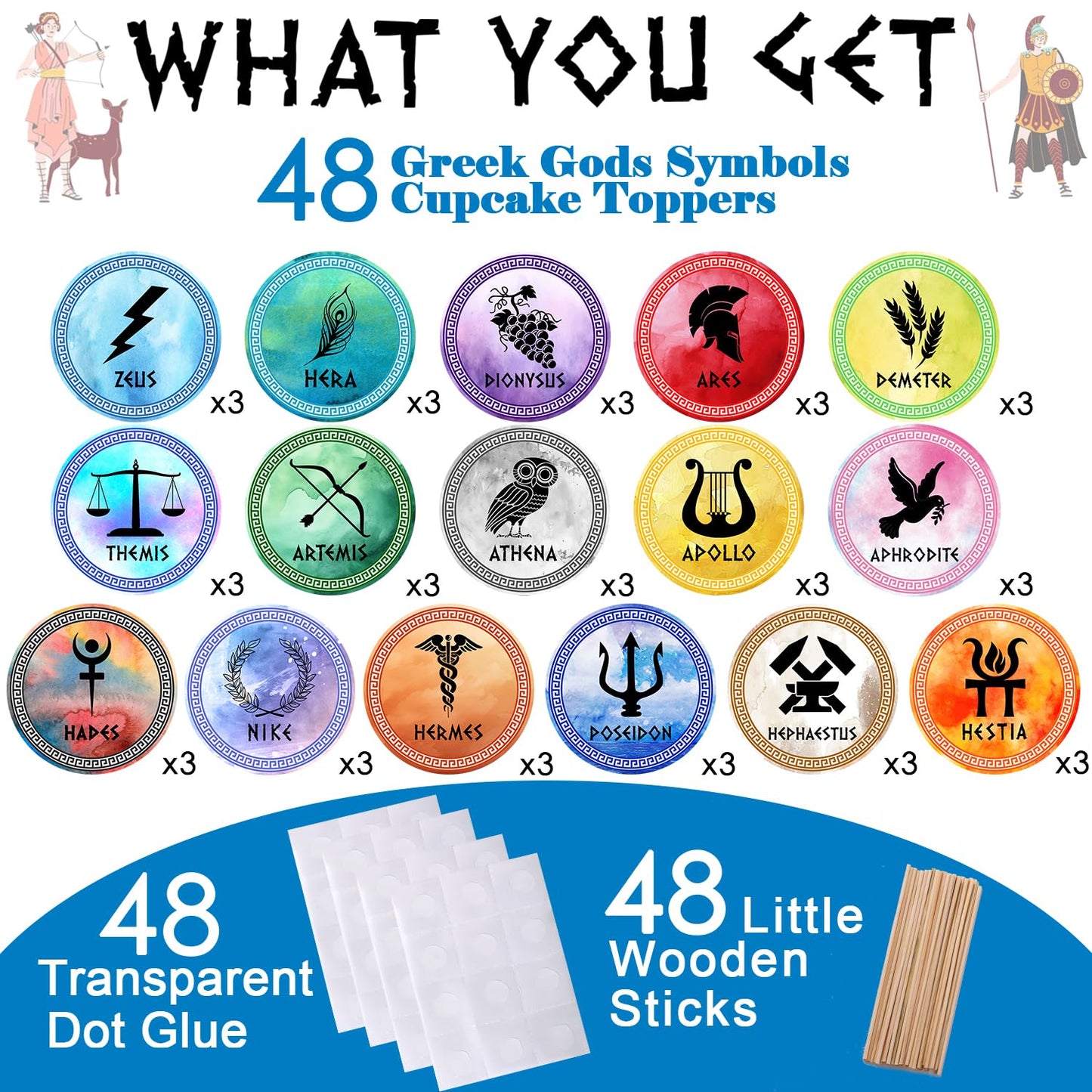 48pcs Greek Mythology Cupcake Toppers, Htabiol Olympians God Cupcake Toppers, Greek Mythology Party Cake Decorations, Suit for Percy Jackson Birthday