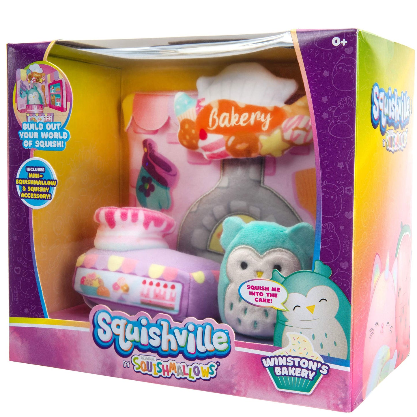 Squishville by Squishmallow Bakery Play Scene, 2” Winston Mini-Squishmallow, 8” Playset, 1 Plush Accessory, Marshmallow-Soft Animals, Bakery Toy