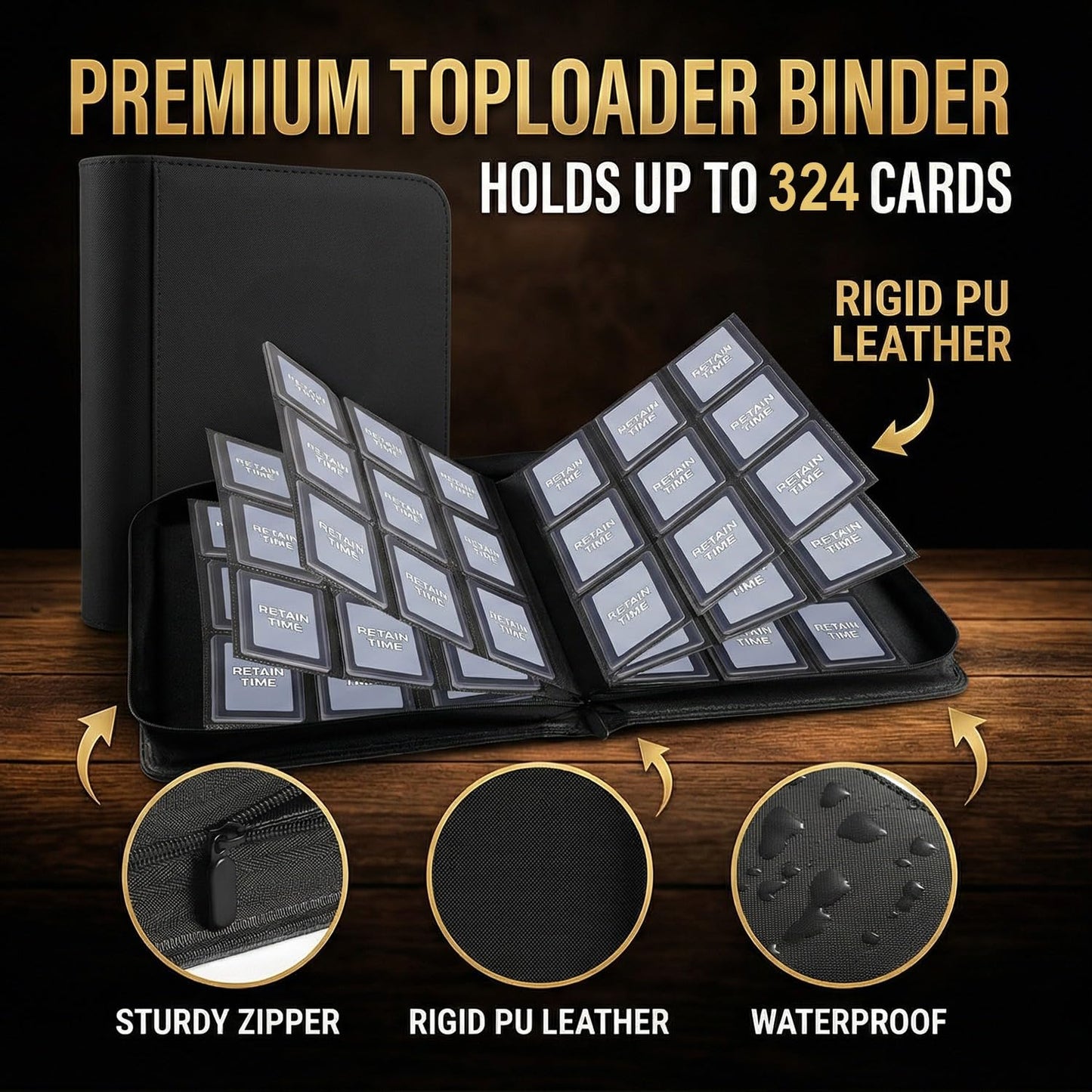 Toploader Binder, Trading Card Binder Holds 324 Cards 9 Pockets, Waterproof PU Leather & Anti-Yellowing PP Inserts, Ridge Tab Sorting Portable Top