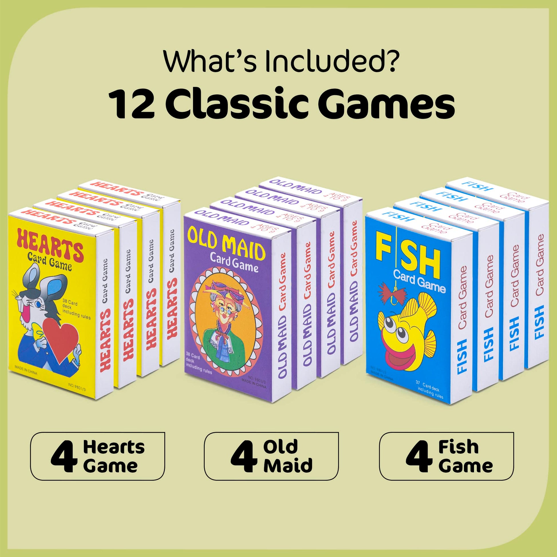 Srenta Kids Card Games Bulk - 12 Pack Classic Card Games for Kids Ages 4-9, Multi Pack Set Includes: Hearts, Go Fish, & Old Maid Playing Cards