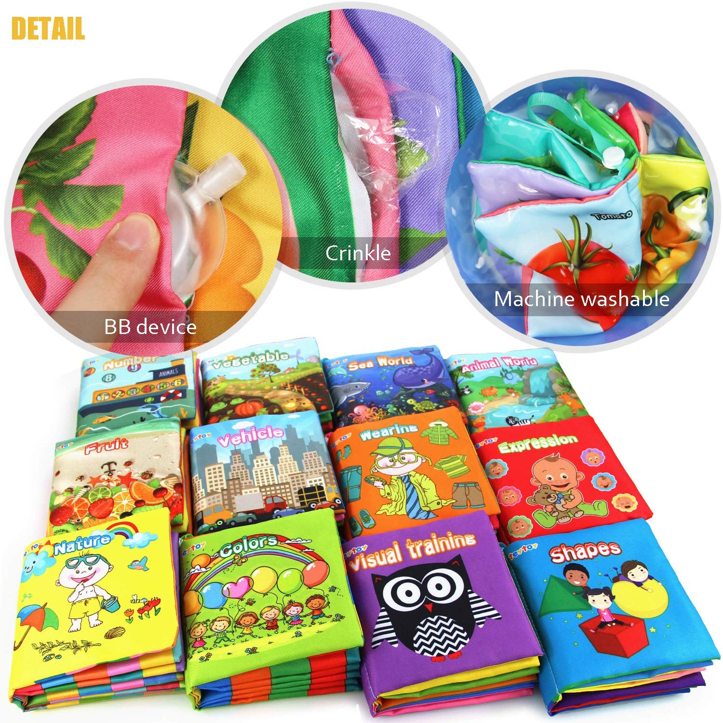 My First Soft Book,teytoy Nontoxic Fabric Baby Cloth Activity Crinkle Soft Books for Infants Boys and Girls Early Educational Toys (Pack of 12)