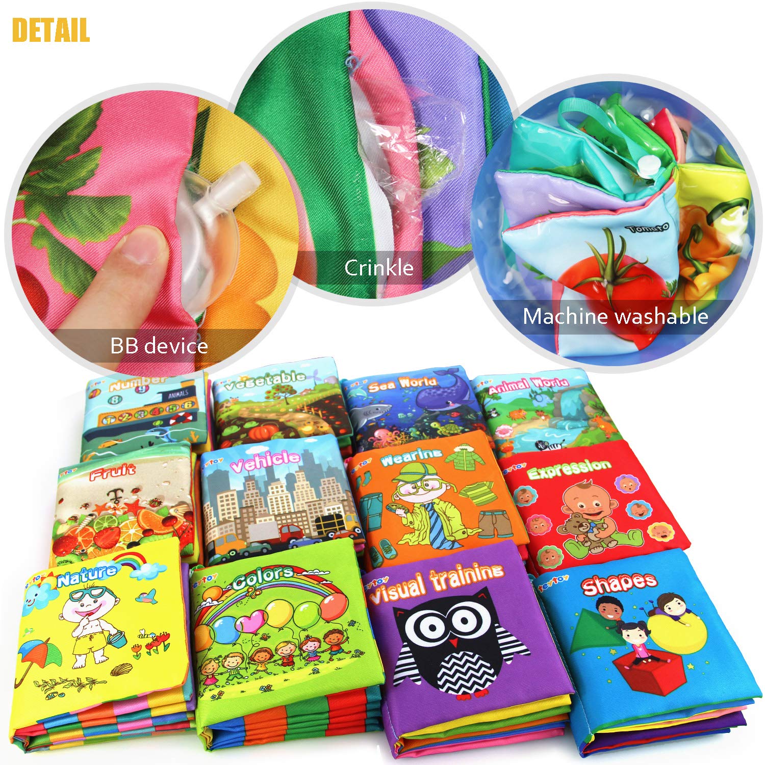 My First Soft Book,teytoy Nontoxic Fabric Baby Cloth Activity Crinkle Soft Books for Infants Boys and Girls Early Educational Toys (Pack of 12)