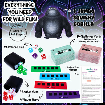 Point Games Gorilla Dice Game - Fast-Paced Family Math Board Game - Includes 24 Dice, 4 Trays, 80 Cards & Jumbo Gorilla - Fun Educational Learning Toy
