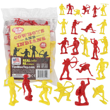 TimMee Cowboys & Indians Plastic Figures - 40pc Red & Yellow Playset - US Made