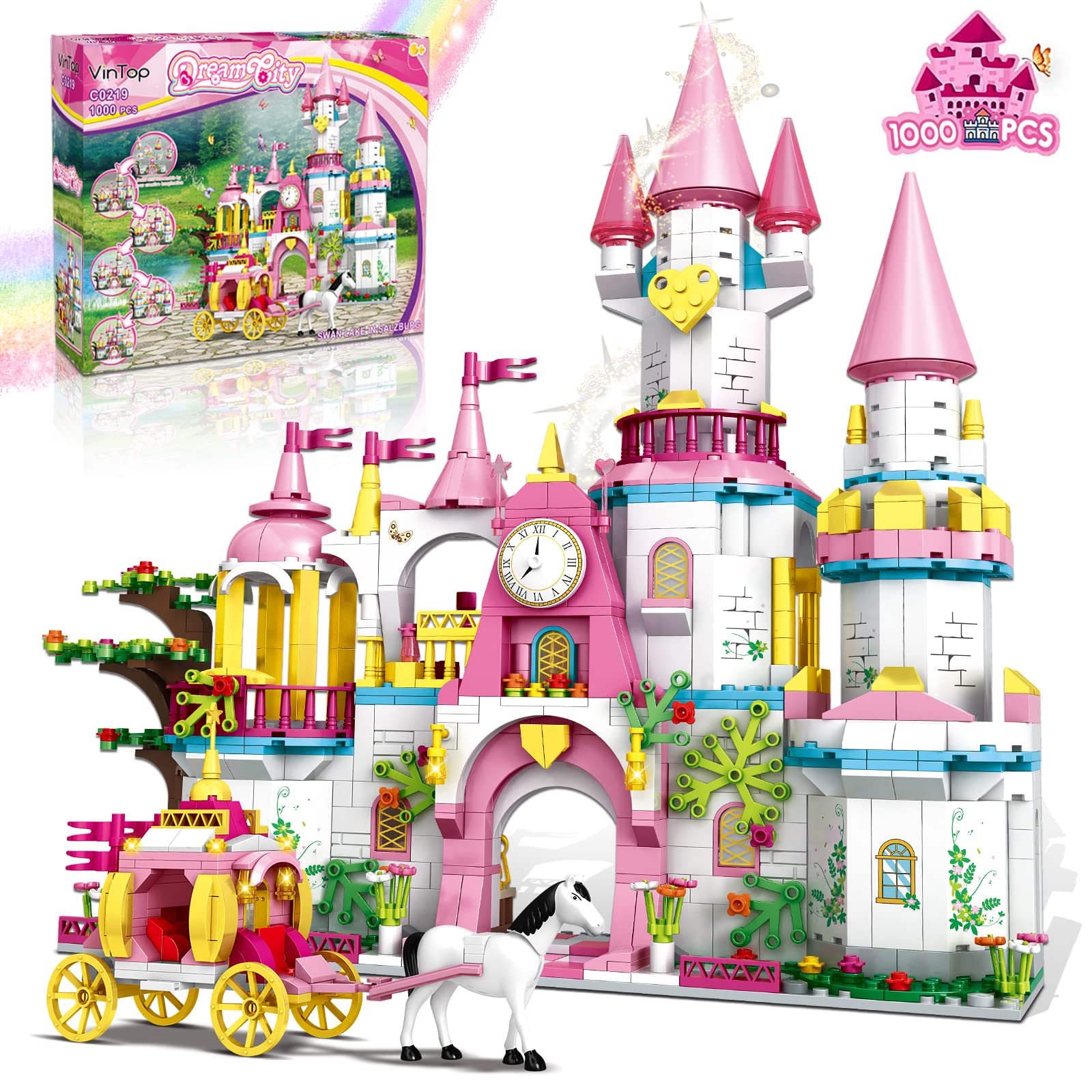 Castle STEM Building Toys for Girls Ages 6 7 8 9 10 11 12 Years Old, VINTOP Building Sets for Girl Boys, 1000PCS Pink Princess Castle Carriage