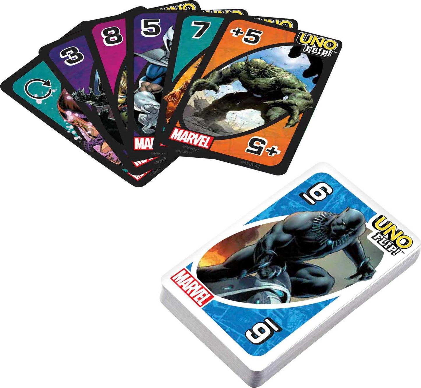 Mattel Games UNO Flip! Marvel Card Game for Kids, Adults & Family Night with Double-Sided Cards, Heroes vs. Villains