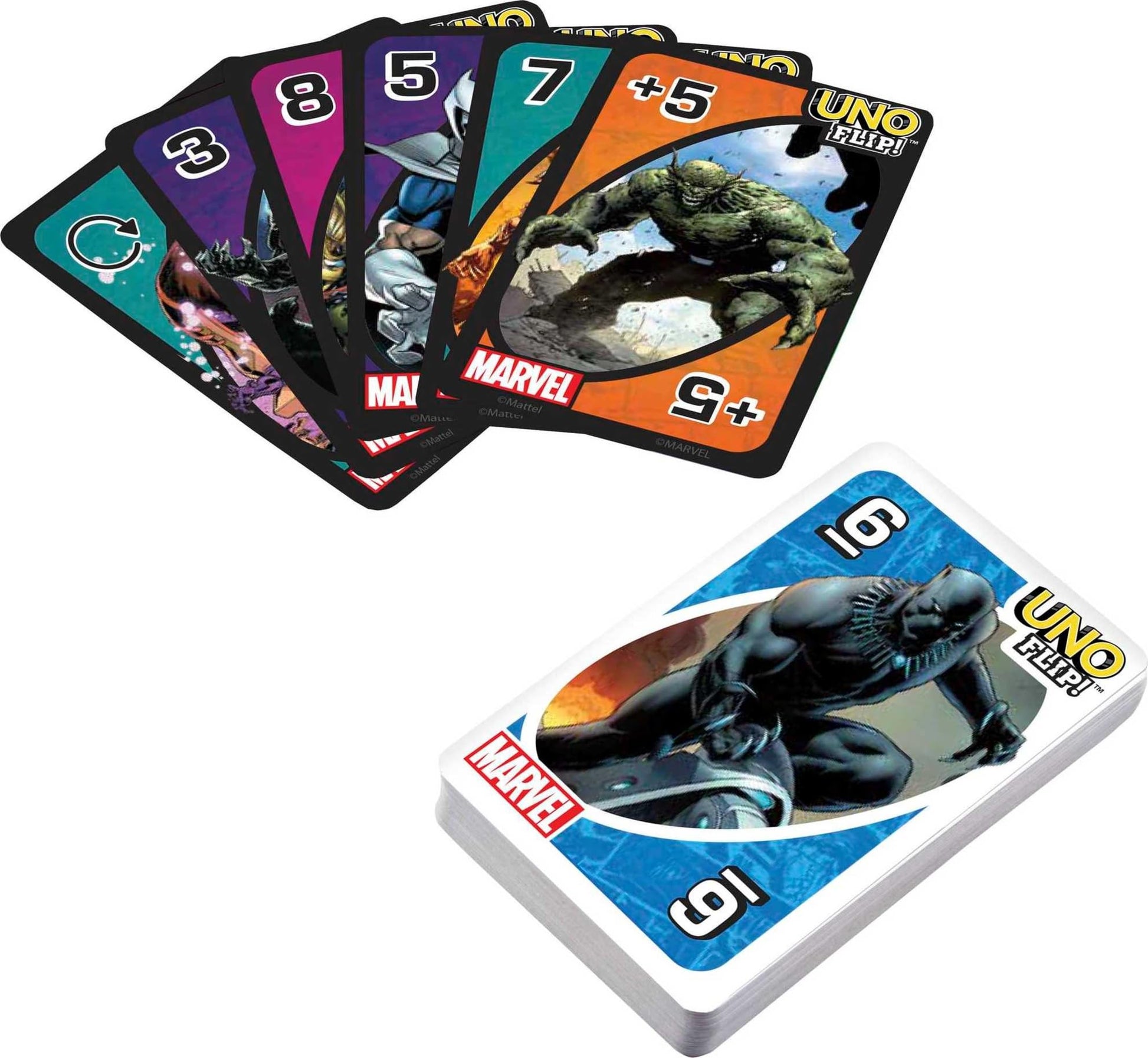 Mattel Games UNO Flip! Marvel Card Game for Kids, Adults & Family Night with Double-Sided Cards, Heroes vs. Villains