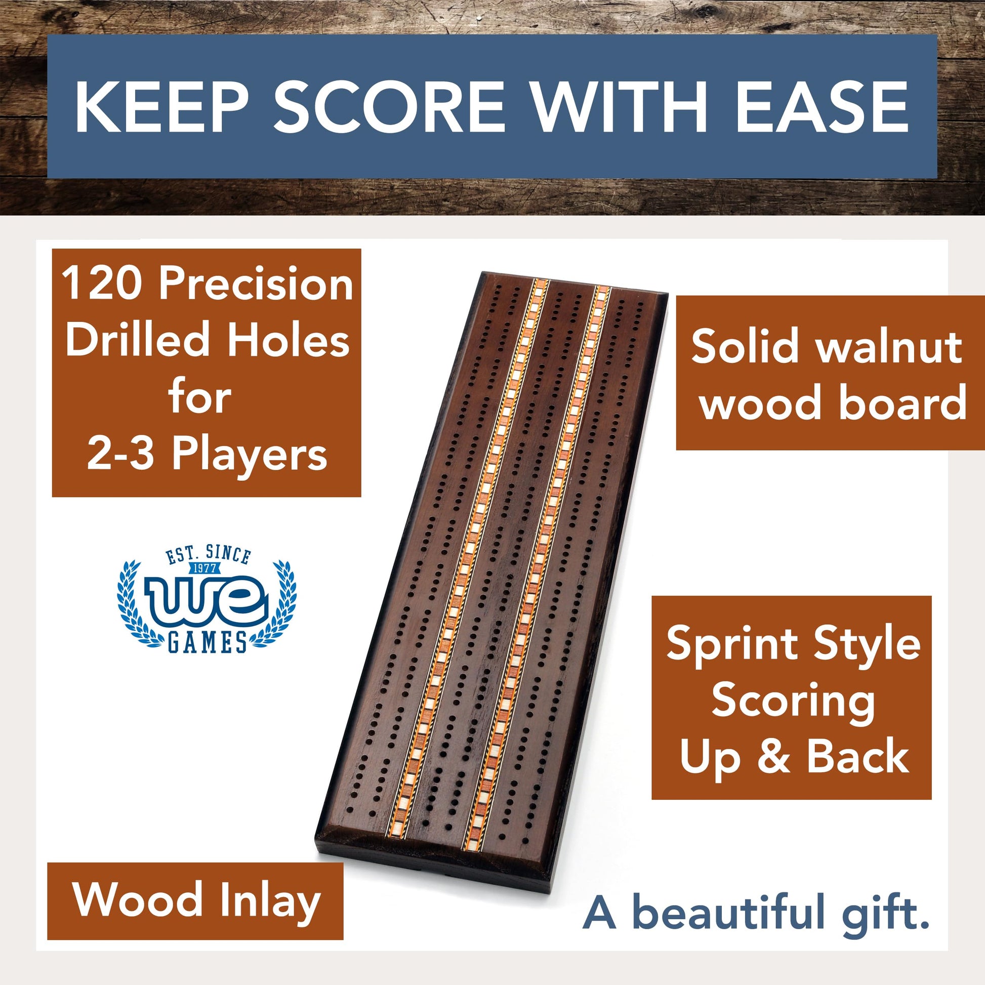 WE Games Classic Dark Oak Cribbage Board Set 3 Track Solid Wood Sprint Board with Metal Pegs, Family Games, Living Room Decor, Travel, Outdoor