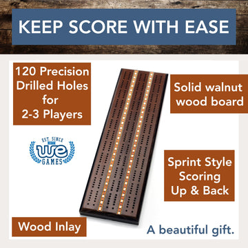 WE Games Classic Dark Oak Cribbage Board Set 3 Track Solid Wood Sprint Board with Metal Pegs, Family Games, Living Room Decor, Travel, Outdoor