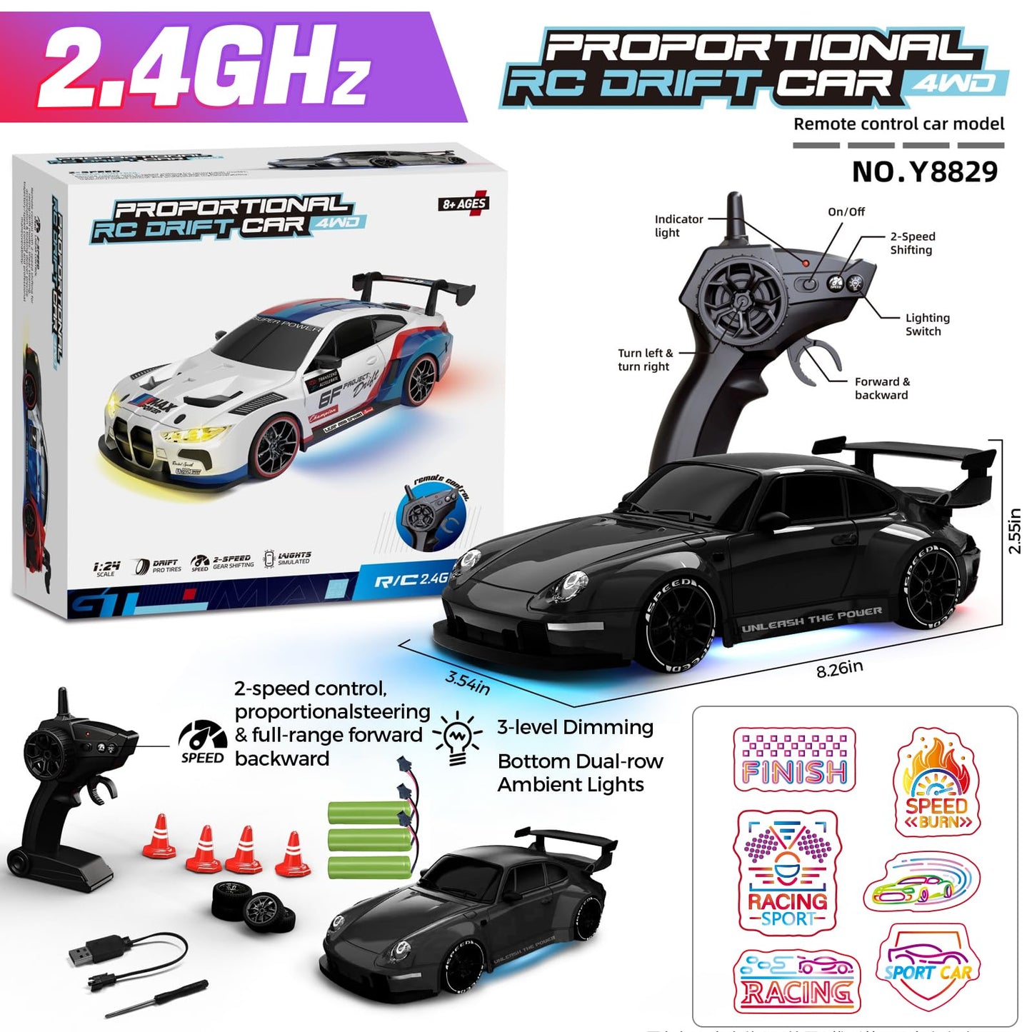 RC Drift Car, 1:24 Remote Control Car with LED Lights, 3 Batteries Black